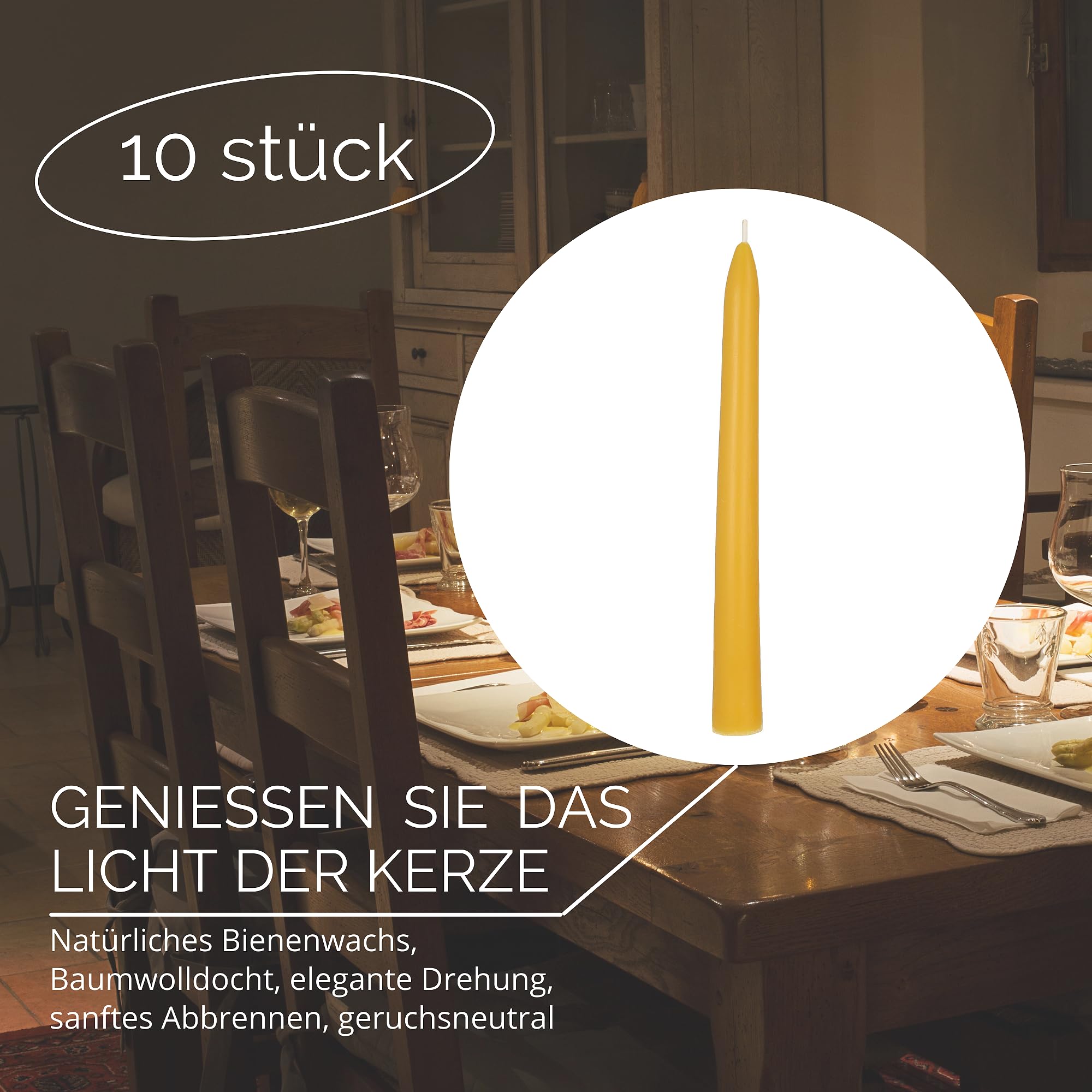 Danilovo Stabkerzen Bienenwachskerzen 10 Stück – Natürliche, Nachhaltige, Lang Brennende Bienenwachskerze für Jeden Anlass & Kerzenständer - Honigduftende, Reine Bienenwachs Kerzen