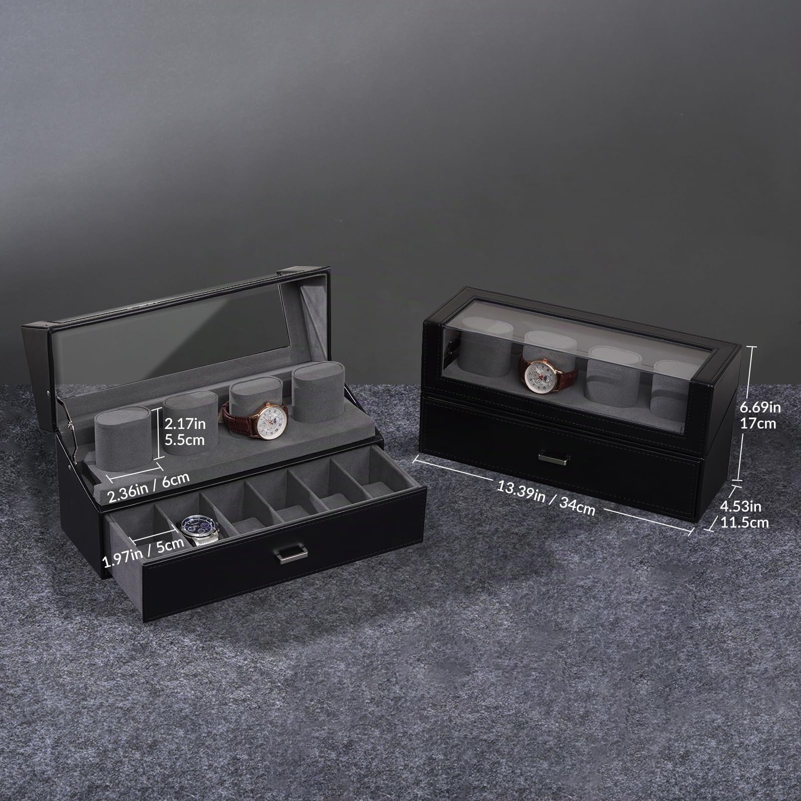 ProCase Caja para Relojes, Estuche Expositor 10 Ranuras con Tapa Acrílica, Organizador de 2 Niveles con Cajón, Soporte para Relojes de Hombre y Mujer - Negro