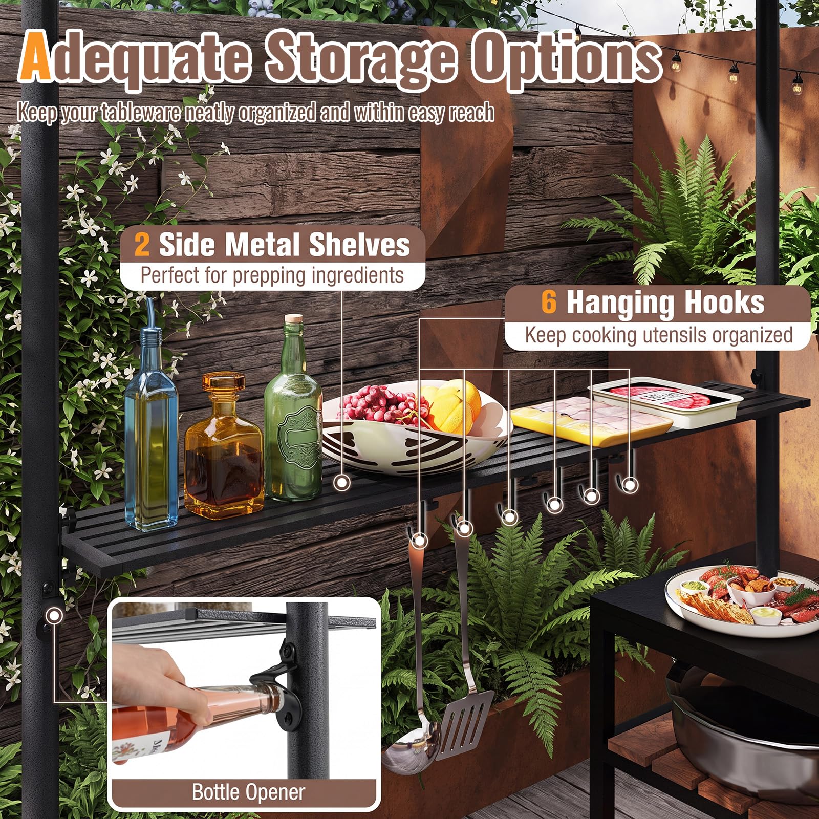 KOMFOTTEU Carpa de Barbacoa con Doble Techo 242 x 150 x 250 cm, Cenador para Jardín con 2 Mesa de Bar y 6 Ganchos, Pérgola de BBQ con Marco de Metal, para Terraza Fiesta Picnic (Marrón)