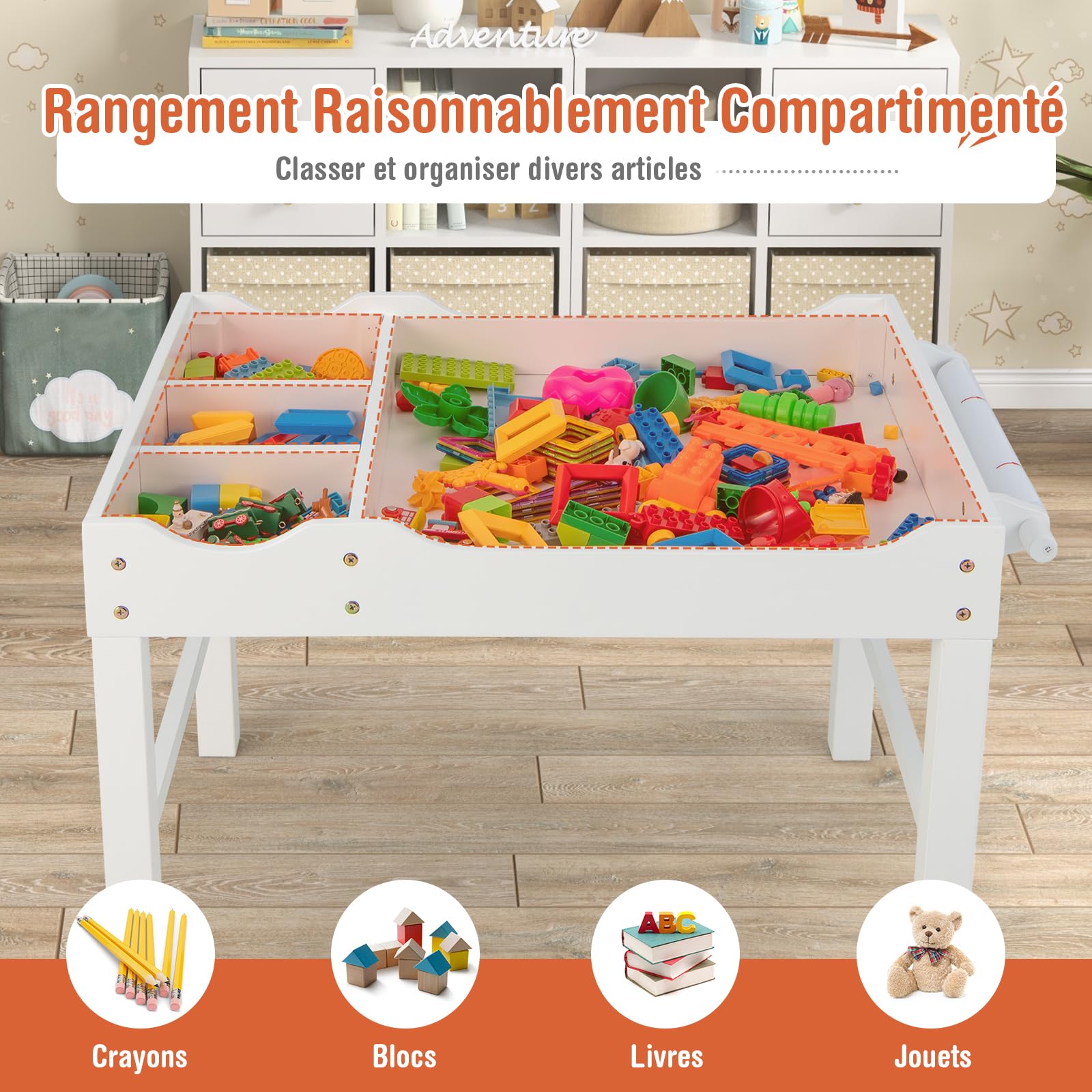 COSTWAY 2 en 1 Table de Blocs de Construction Enfants avec Plateau Réversible, Table Multi-activités en Bois avec Rouleau de Papier, Espace de Rangement, Bureau pour Lire Dessiner Jouer, 3 Ans+