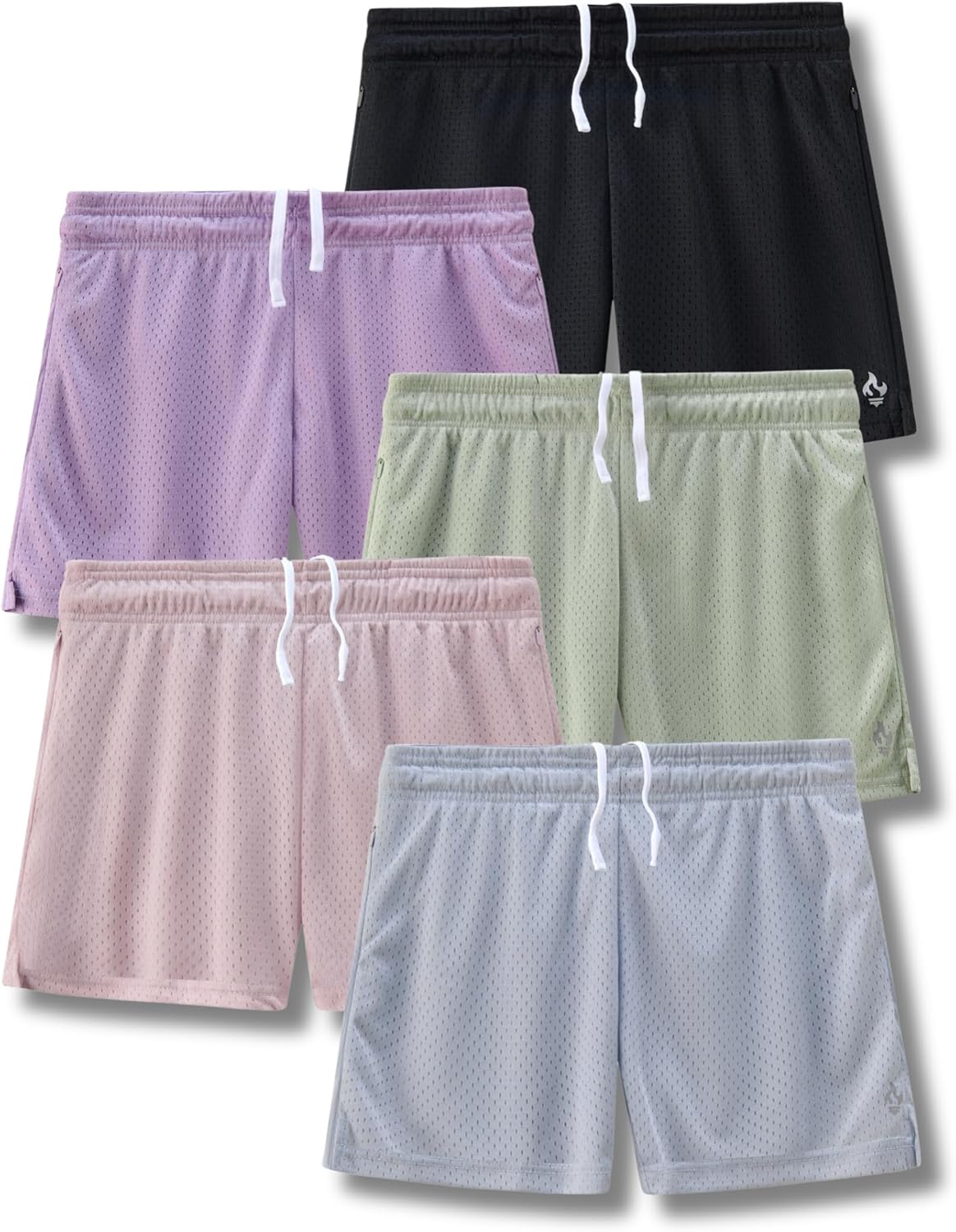 5-Pack Women’s Athletic Shorts Mesh Basketball, Ladies Active Loose Pull-On Shorts with Zipper Pockets, 5″ Inseam