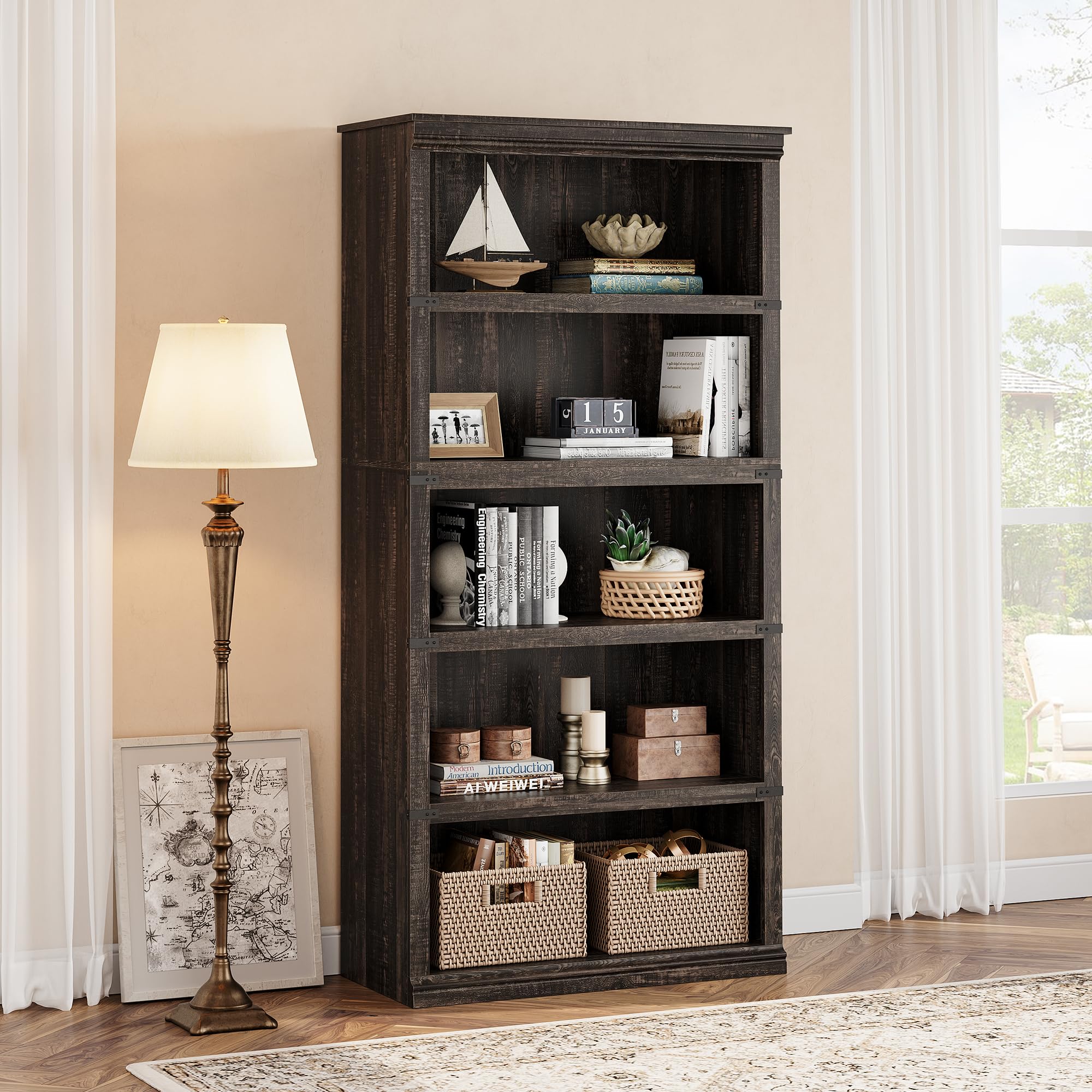 Zstar Librería de 5 Niveles Estanterías de Madera,Granja Moderno con Almacenamiento para Despacho, salón Dormitorio,80x32x171 cm Roble Oscuro