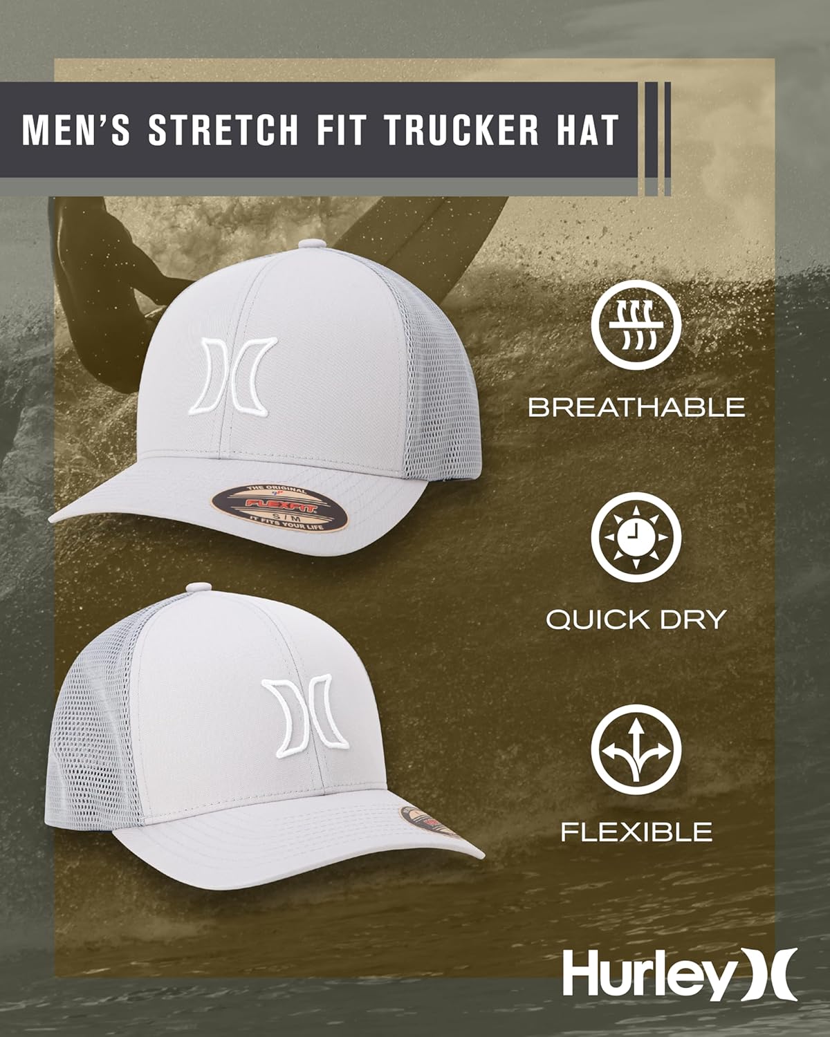 Hurley Mens Trucker Hat - Lightweight Breathable Stretch Mesh Back Curved Bill Baseball Cap with 3D Front Icon Logo