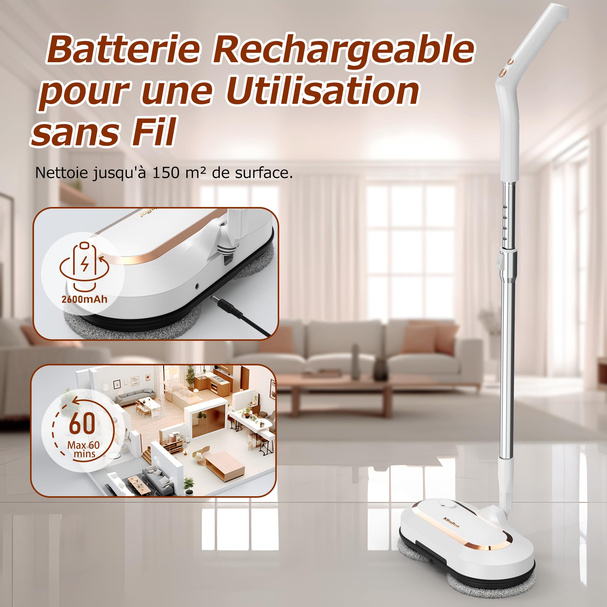 AlfaBot S2 Balai Électrique Sans Fil | Grand Réservoir 400mL | Autonomie 60 Min | Nettoyeur de Sol avec LED et Pulvérisateur | Pour Parquet & Carrelage | Balai Rotatif Léger 1,7kg