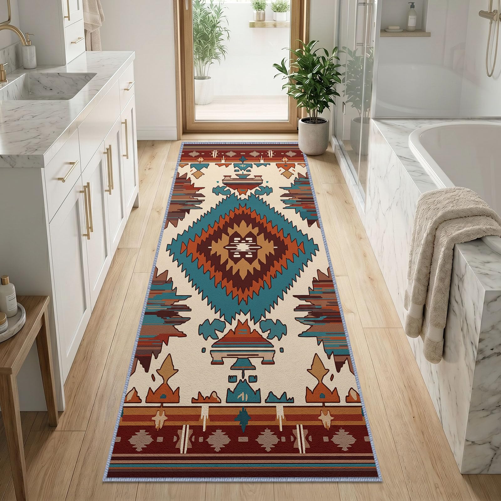 60 x 120 cm Tapis de Couloir Long Lavable Beige, Motifs Ethniques Ruraux Et Géométriques 3D Impression Long Antidérapant Tapis De Passage pour entrée, Chambre à Coucher, buanderie, Salon