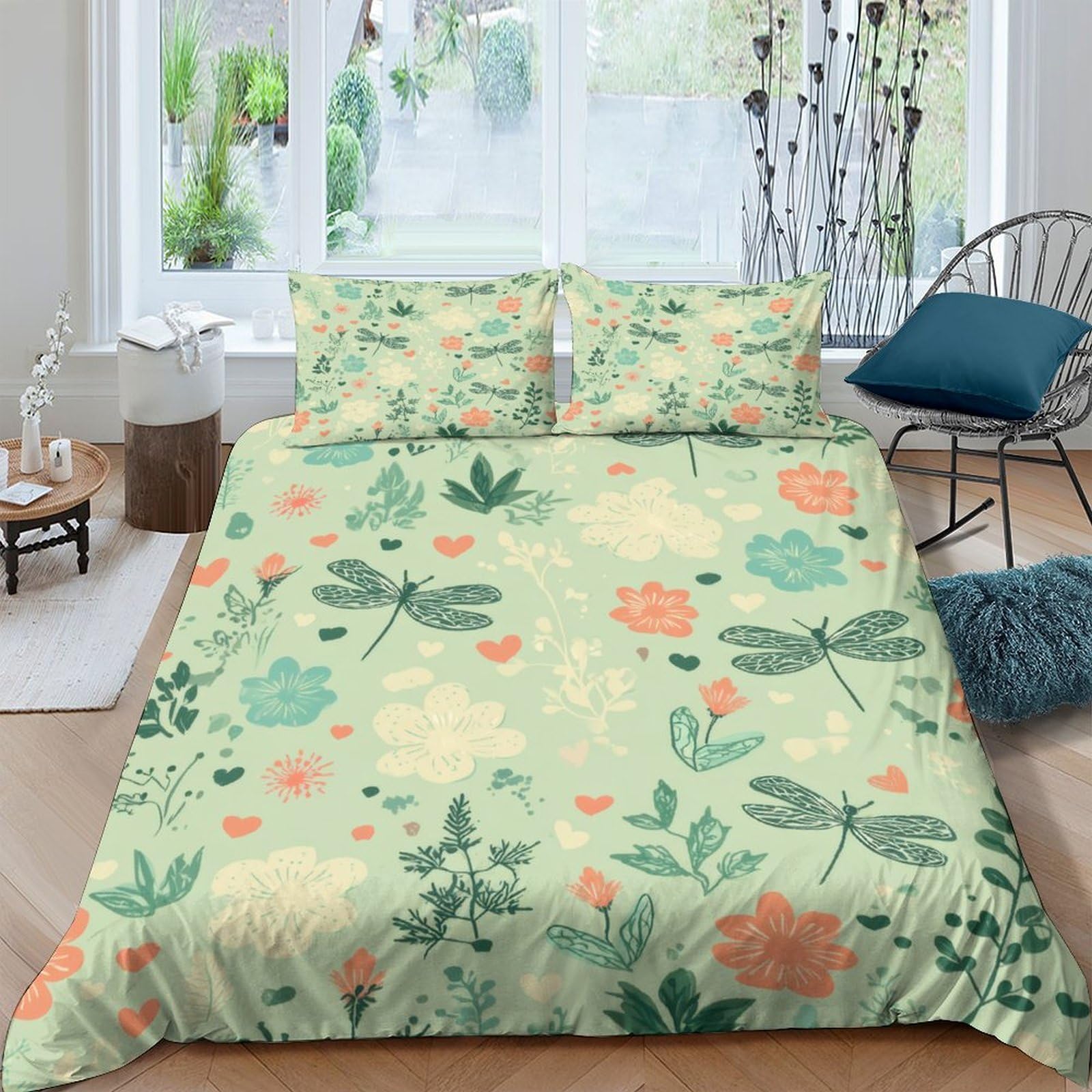 Ctjqhvkz Style-10 3D Printed Dragonfly Floral Fitted Sheet Microfiber Soft Green Orange Bed Cover For Bedroom Guest Room Dorm Single（135X200cm）
