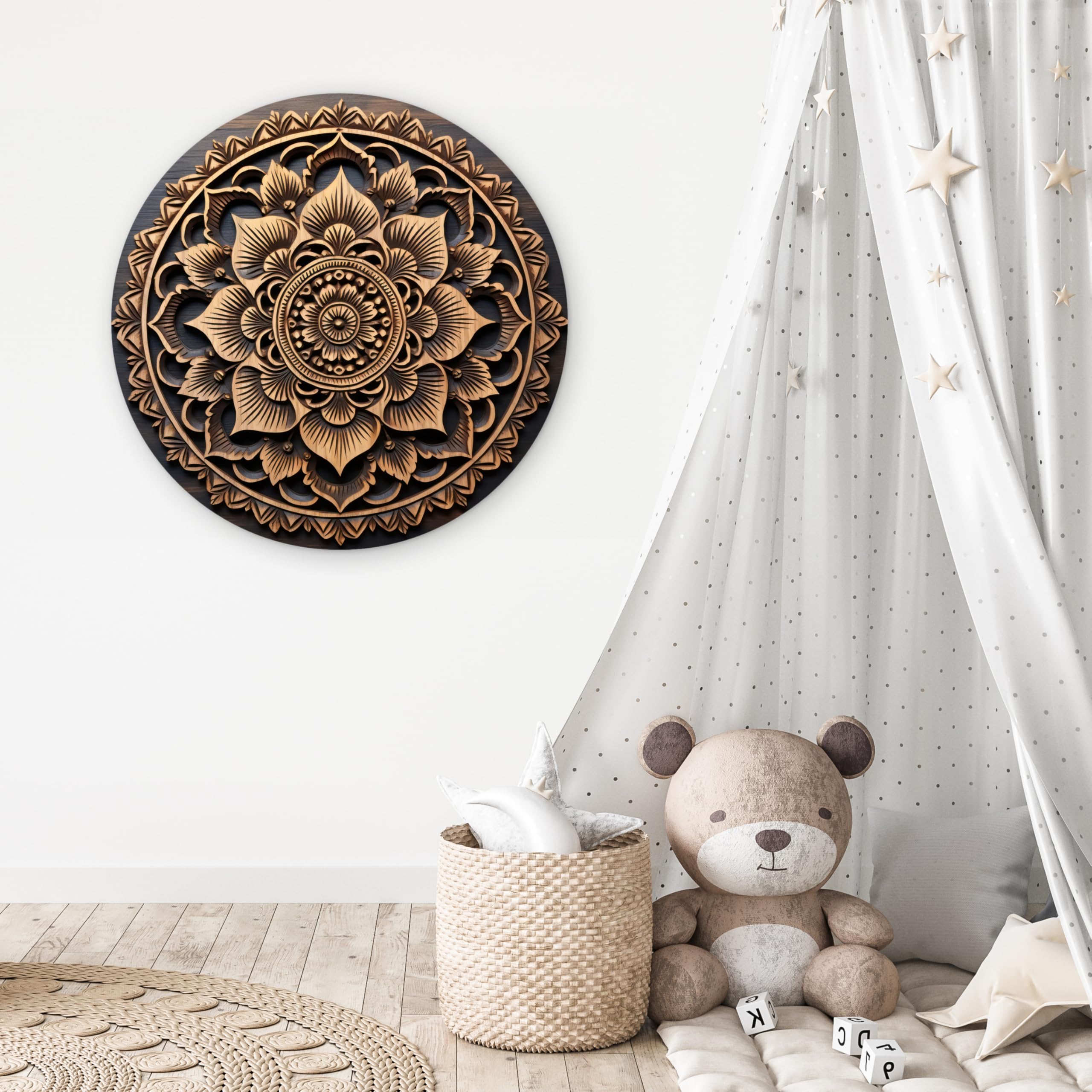 MuchoWow© Quadro Rotondo Ø90 cm Salotto Ufficio Cuadro Moderne Finestre Design Murale Bedroom Stanza Fiori Natura Soggiorni Grande Pareti Mandala - Legno - Marrone