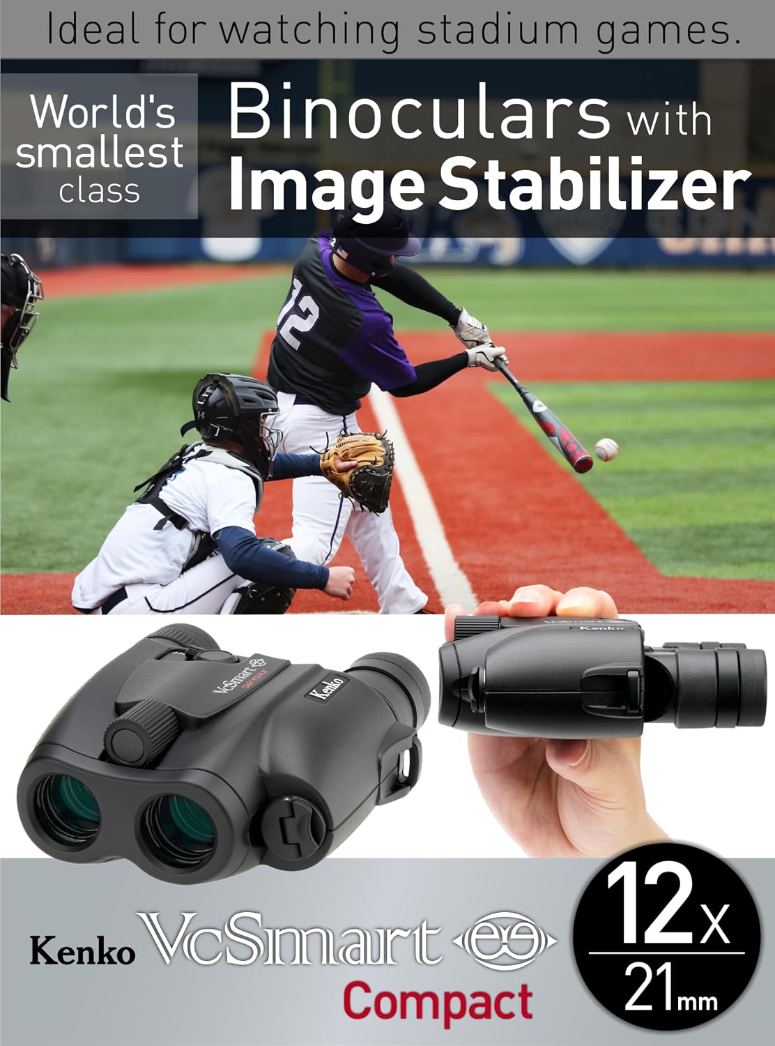 Kenko Image Stabilization Binocular VC Smart Compact Black 12x21, Full-Multi Coating, Water&Oil-Repellent Coating, for Concerts, Outdoors, Bird Watching, and Star Gazing 351917