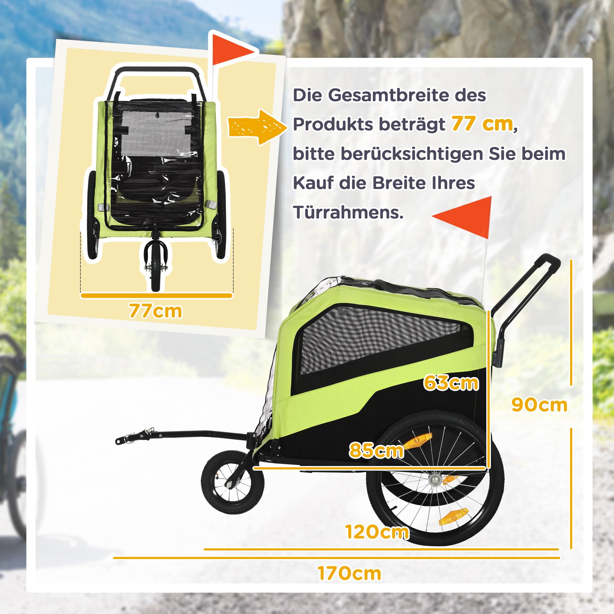 PawHut Rimorchio bici 2 in 1 passeggino per cani grandi con gancio verde | Ruote 20" a sgancio rapido, carrello bici per animali, per viaggio