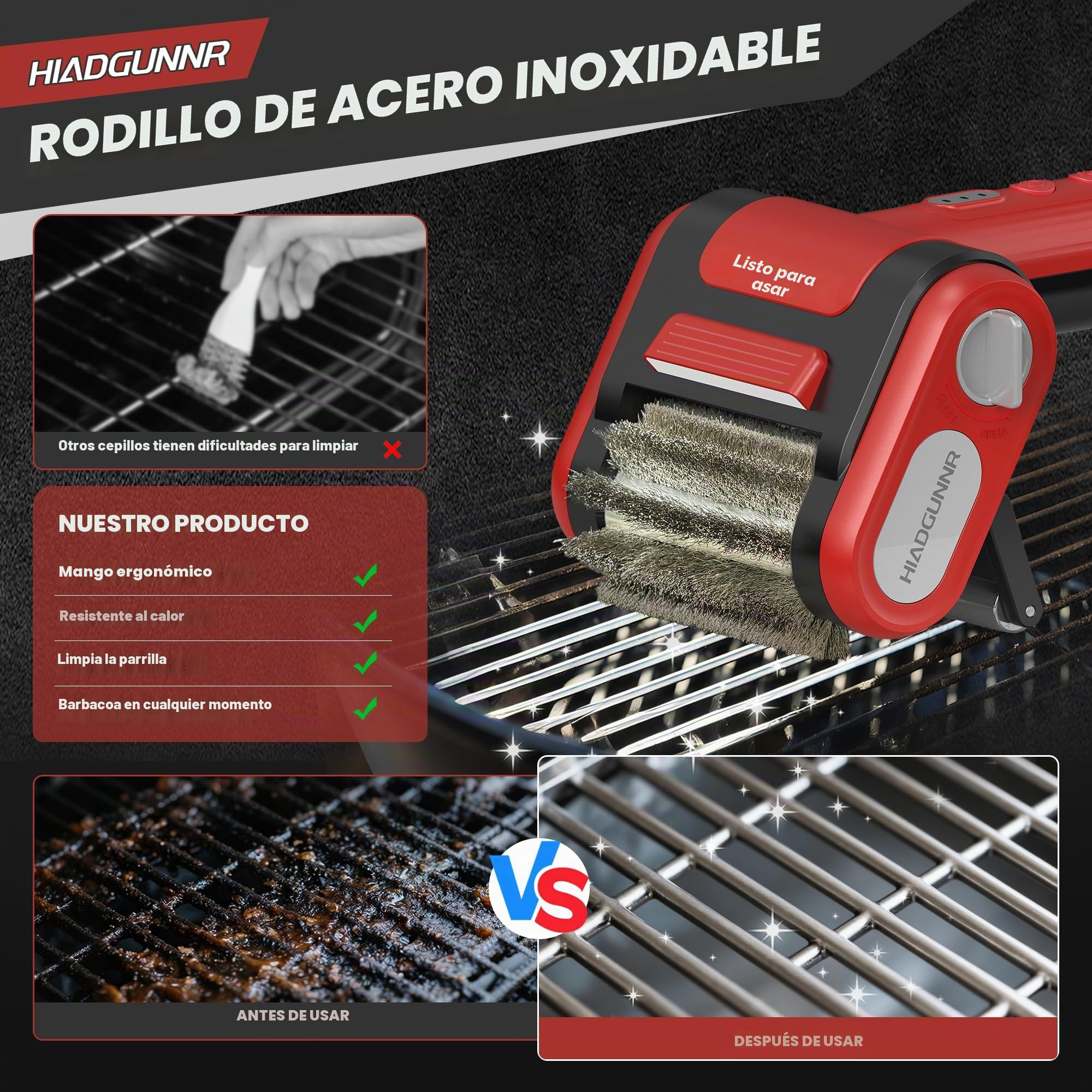 Cepillo eléctrico para parrilla, limpiador de parrilla con luz LED, cerdas de acero inoxidable de 700-800 rpm, cabezal de cepillo extraíble 304, herramienta de limpieza de parrilla recargable