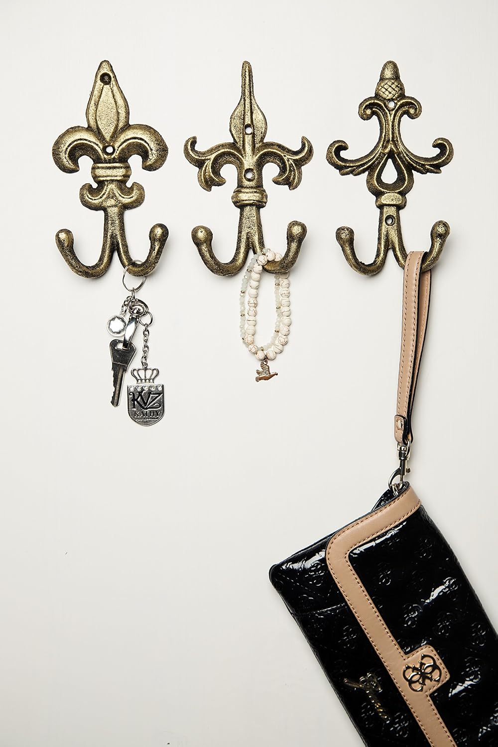 Comfify Set of 3 - Cast Iron Fleur De Lis Double Wall Hooks/Hangers - Decorative Wall Mounted Coat Hook - Rustic Cast Iron - with Screws and Anchors