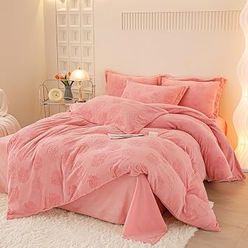 ZIQINPSQ Flannel Textured Duvet Cover Set,Comforter Cover,Velvet Duvet Cover Tufted Bedding Set,3 Pcs Soft Microfiber Fluffy Duvet Cover with Zipper Closure. Pink, Full