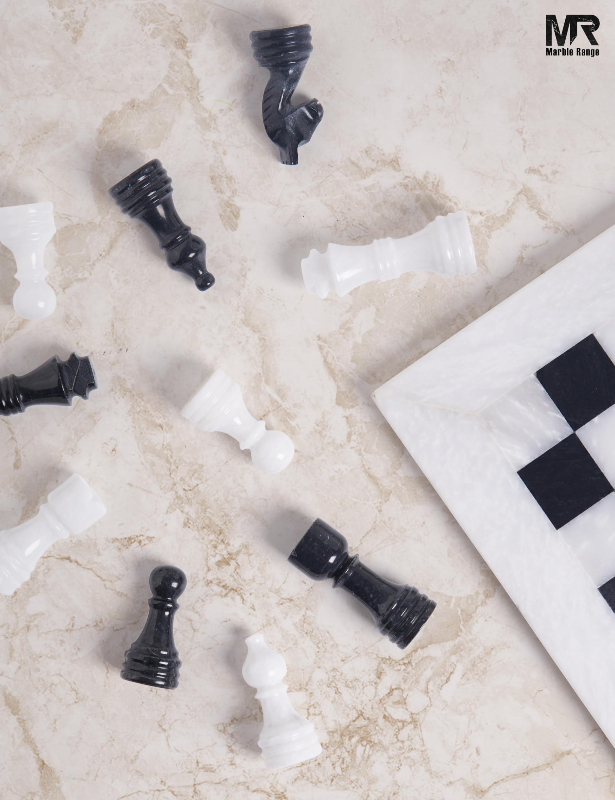 MARBLE RANGE Jeu d'échecs en marbre Fait Main de 12 inches avec boîte, pièces et 2 Dames. Élégant Jeu de Voyage pour Adultes, idéal comme Cadeau ou décoration d'intérieur