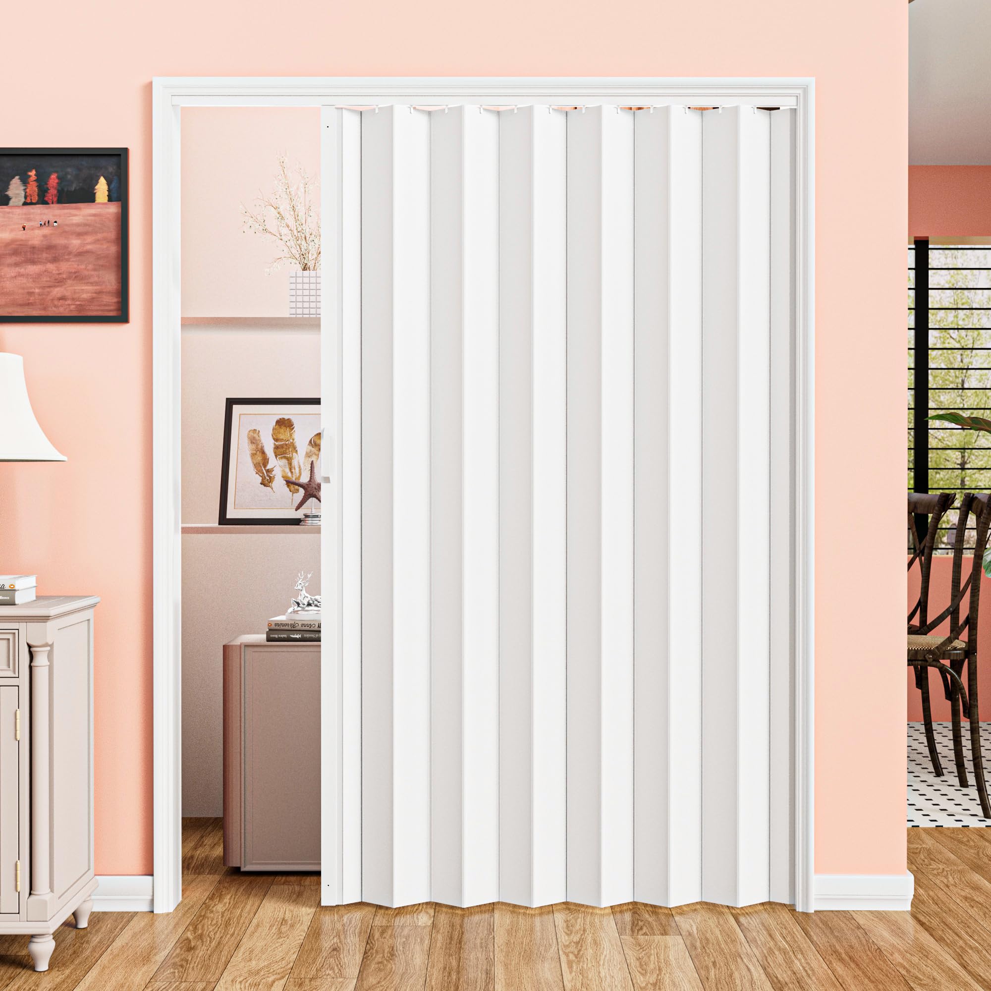 49"-60" x 80" PVC Accordion Door Interior, Portable Bifold Accordion Door for Closet, Including Complete Hardware & Handle, White Folding Doors for