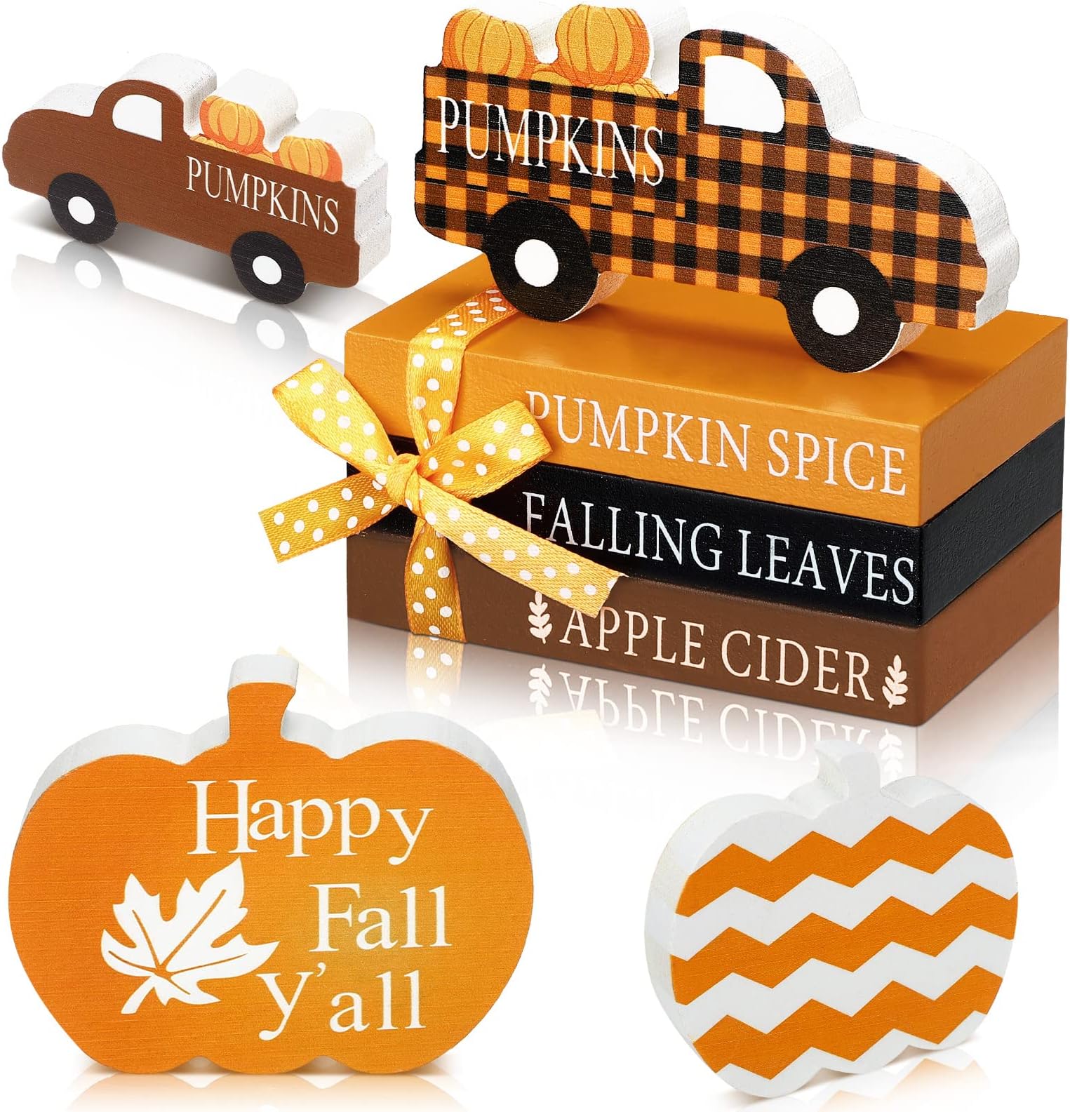 Blulu 5 Pcs Fall Decorations for Home Fall Tiered Tray Decor Thanksgiving Table Decor 3 Mini Faux Decorative Books Bundle with Twine Rustic Wood Pumpkin Truck Signs for Autumn Harvest Office Shelf