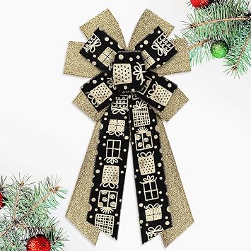 Large Christmas Bow for Wreath, 11.42 inch 20.86 inch Black and Gold Glitter Gift Box Pattern Bow, Wired Craft Bow for Christmas Tree, Gift Wrapping, Holiday Home Decor