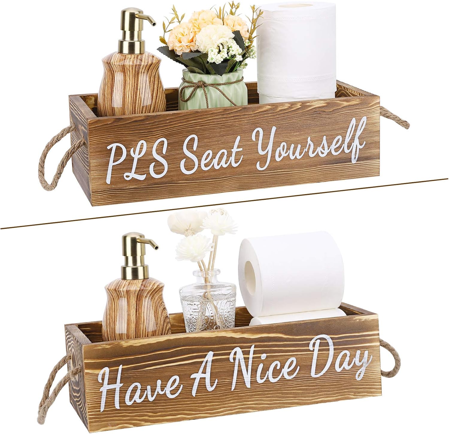 Luxspire Bathroom Decor Box, 2 Sides Farmhouse Wooden Toilet Paper Holder Tissue Storage Toilet Tank Topper Organizer, Rustic Bathroom Tray Restroom Funny Sayings, Wood Basket Box Home Decor, Brown