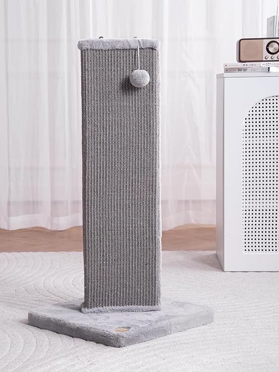 Sopapets Cat Scratching Post 32.7 Inches with Natural Sisal Rope, Sturdy Cat Scratcher for Indoor Cats & Kittens, Hanging Toy Ball, Gray