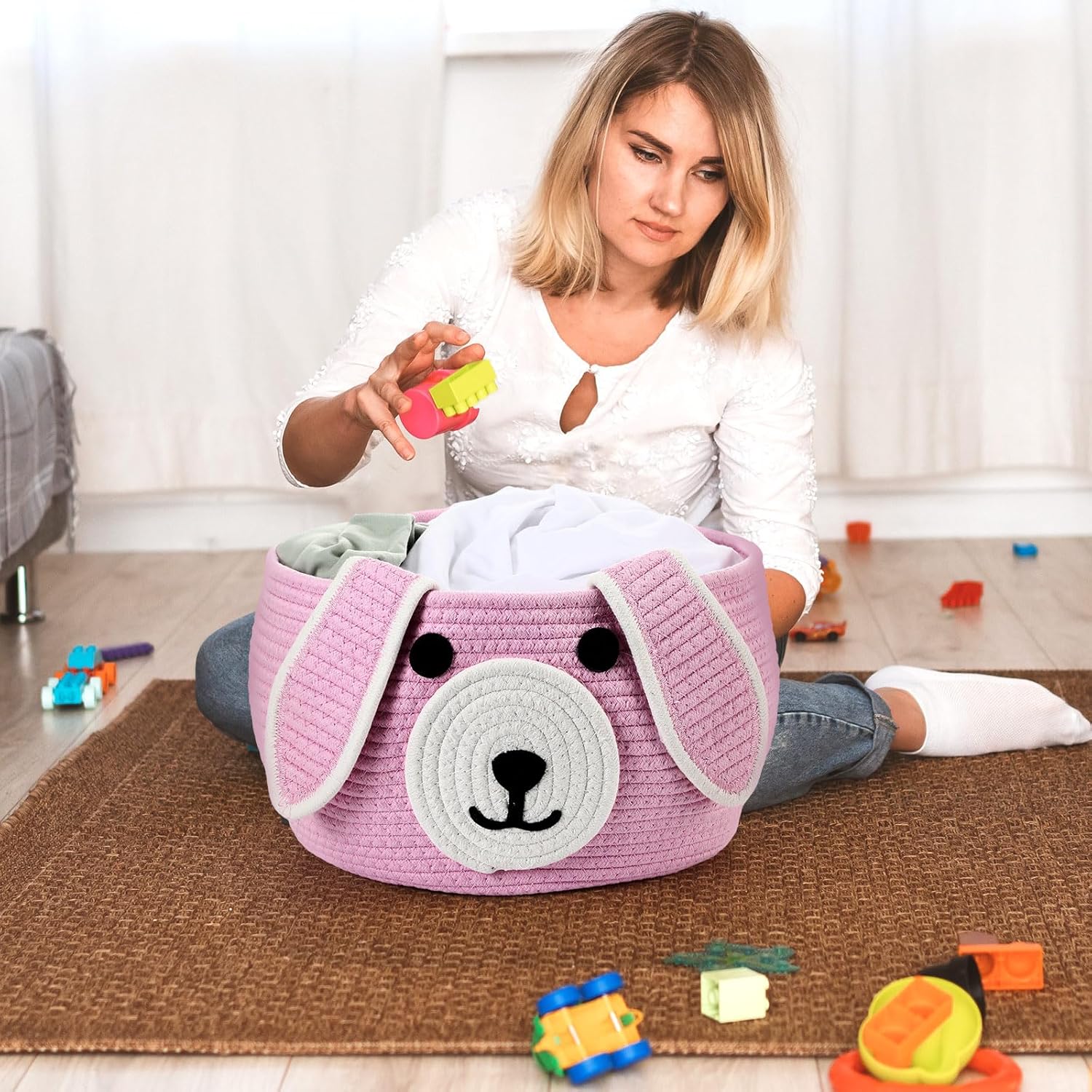 Zopeal Dog Woven Basket Cute Woven Cotton Rope Puppy Animal Storage Basket for Laundry Toy Gift(Pink,13 x 8 Inch)