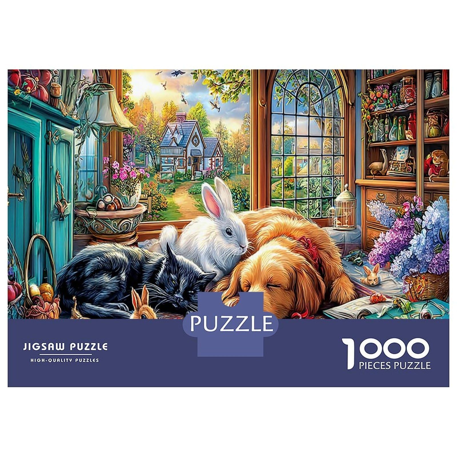 Cute Pets Scene 1000 Piece Jigsaw Mind Relaxation Puzzle Dog Cat Rabbit Napping for Office Break Puzzle Puzzle 70x50cm/1000pcs