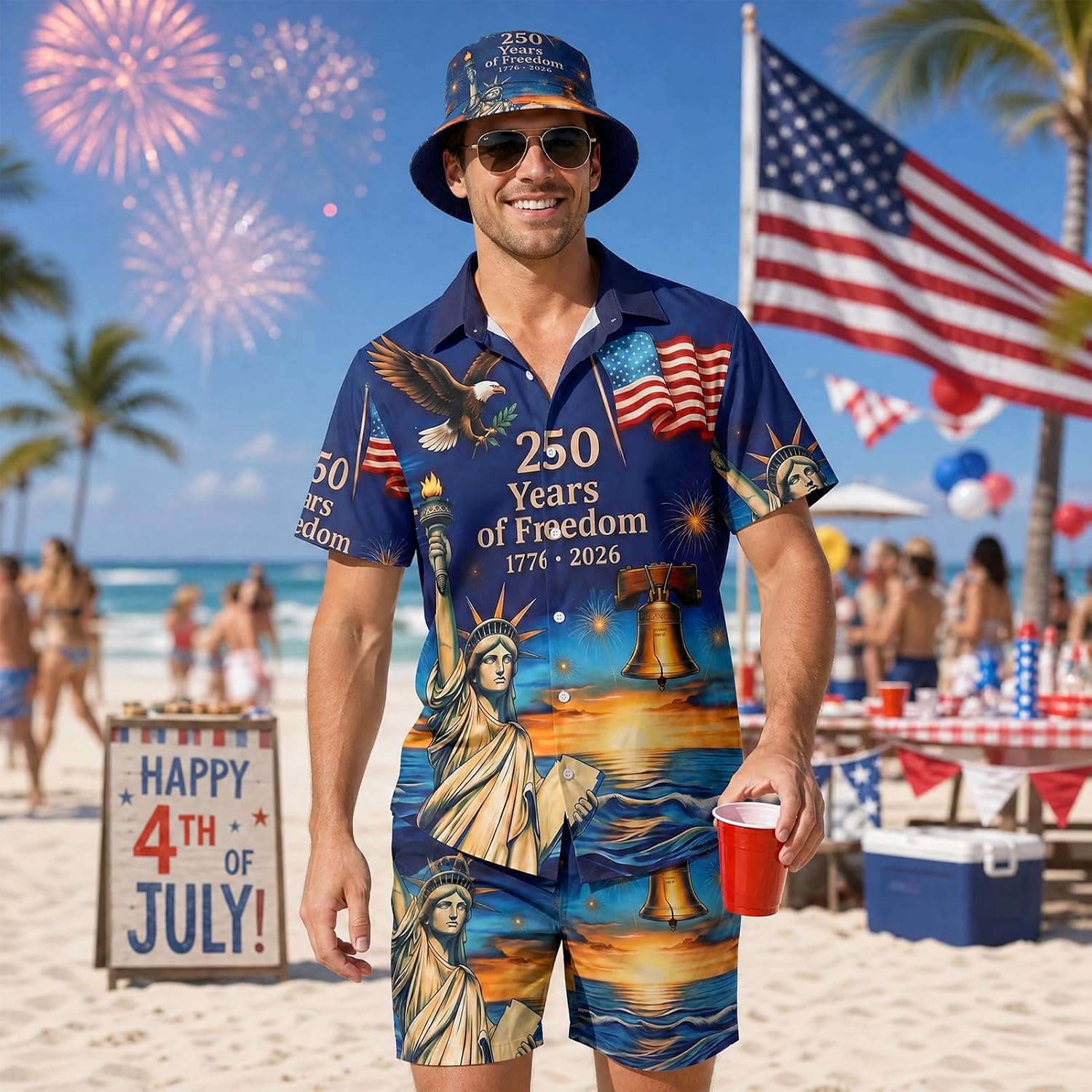 Men's 4th of July Hawaiian Shirt Set, Patriotic Shirt Shorts Outfit with Bucket Hat for BBQ Party Parade