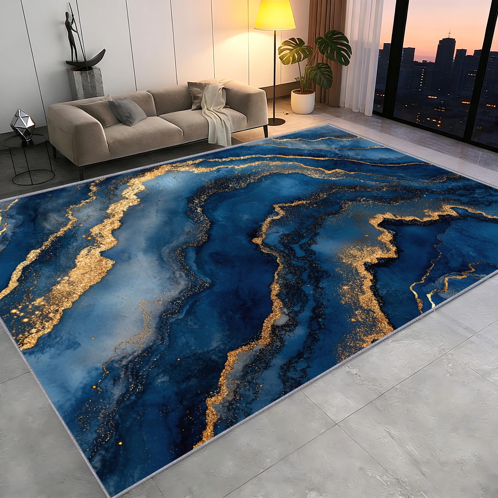 CAQDUEP Rugs 200x300cm Navy Blue Marble Area Rug, Luxury Marble Texture Rug, Gold Stripes Carpet Abstract Modern Art Rugs Washable Non Slip Carpet for Living Room Bedroom