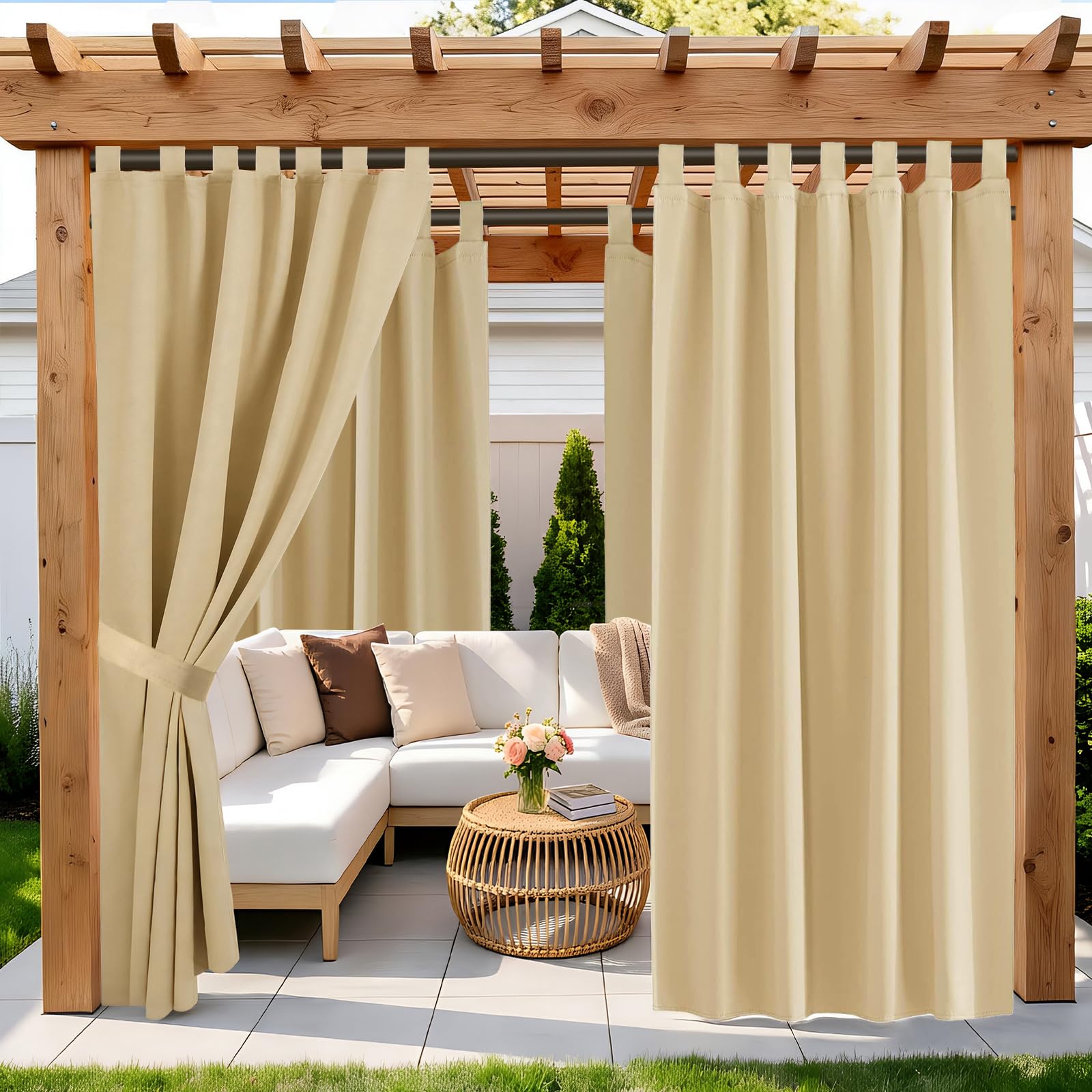 Rideaux D'extérieur, Rrideau pour Pergola Peut être étanche, Protection UV, Rideau Exterieur Terrasse 132x215cm, Rideau Exterieur Impermeable pour Fenêtres, Tonnelles et Balcons(Beige)