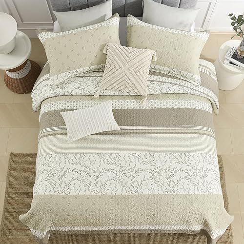 Miniatura 3 de KALOOLA Juego de ropa de cama tamaño Queen, 100% algodón, color verde oliva, gris, floral, rayas, queen, reversible, ligero, para todas las