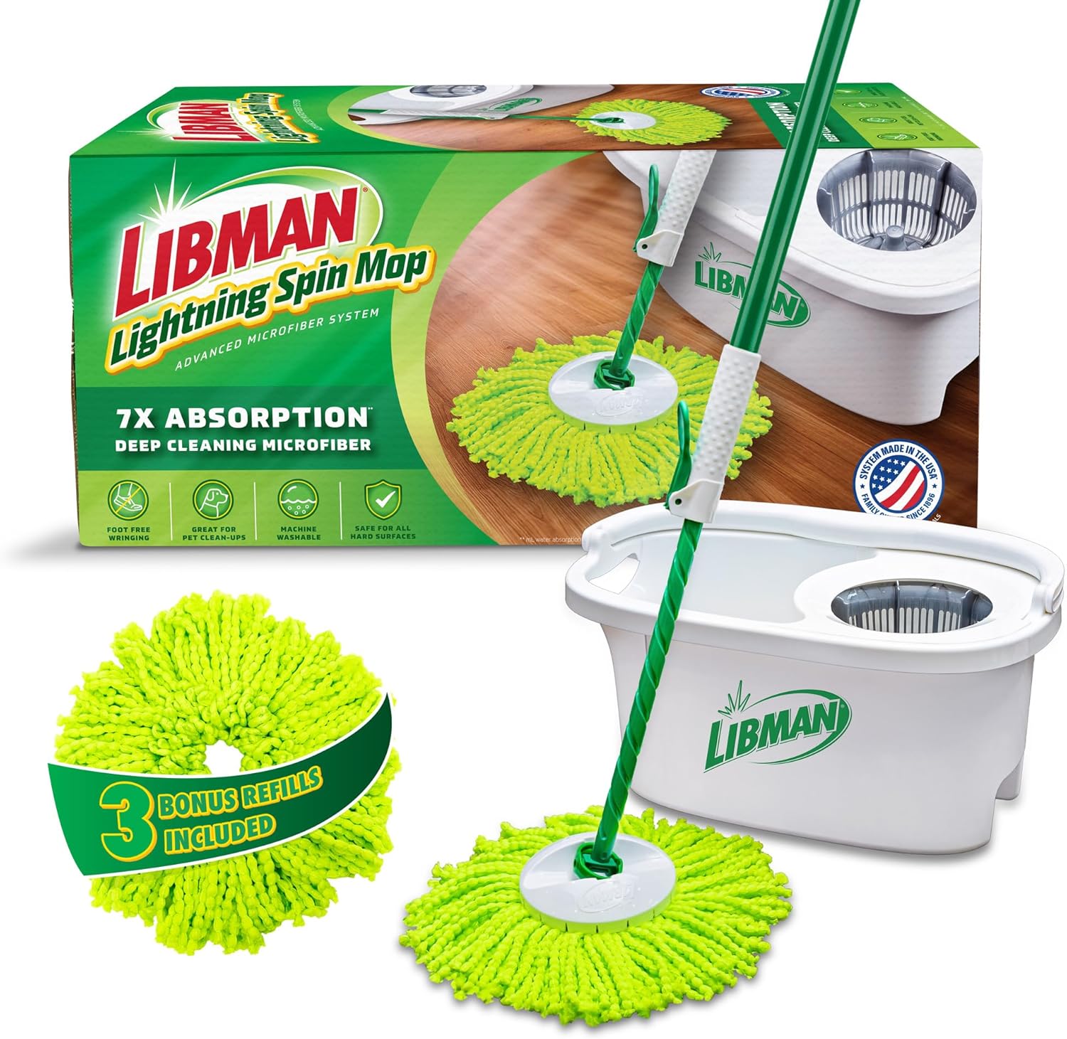 Libman Lightning Spin Mop System Plus 3 Refill Head | Mop and Bucket with Wringer Set | Floor Mop | Spin Mop | Libman Mop | Mops for Floor Cleaning | Hardwood Floor Mop | 4 Total Mop Heads Included Spin Mop +3 Refills