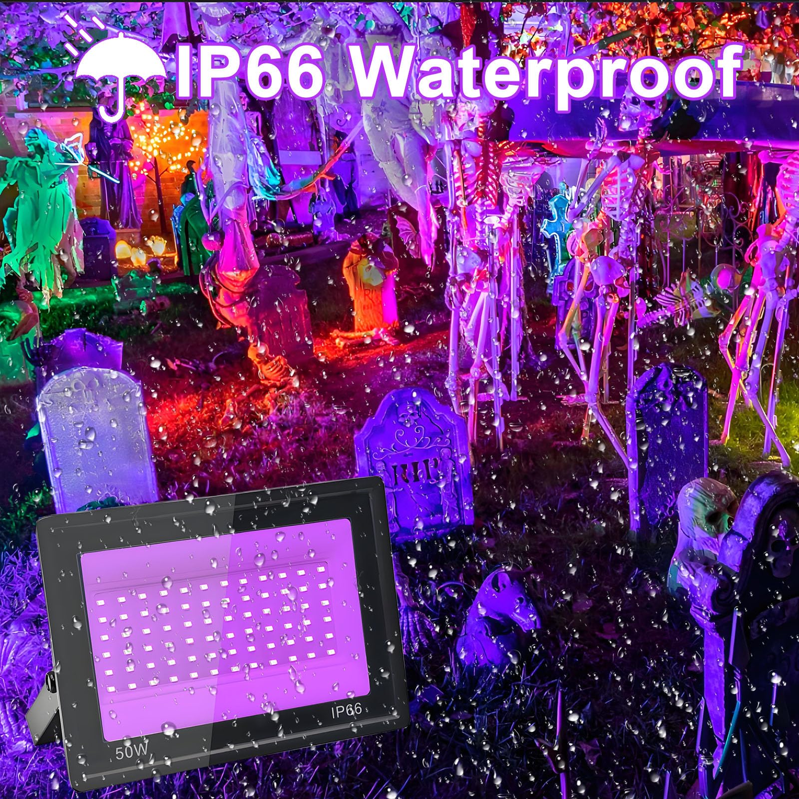 2 Stück 50W LED Schwarzlicht Strahler, IP66 UV Schwarzlicht Fluter, 395-400nm LED UV Strahler, UV Licht mit Schalter für Halloween Dekorationen, Party Deko, Weihnachten, Neon Glühparty, Körperbemalung