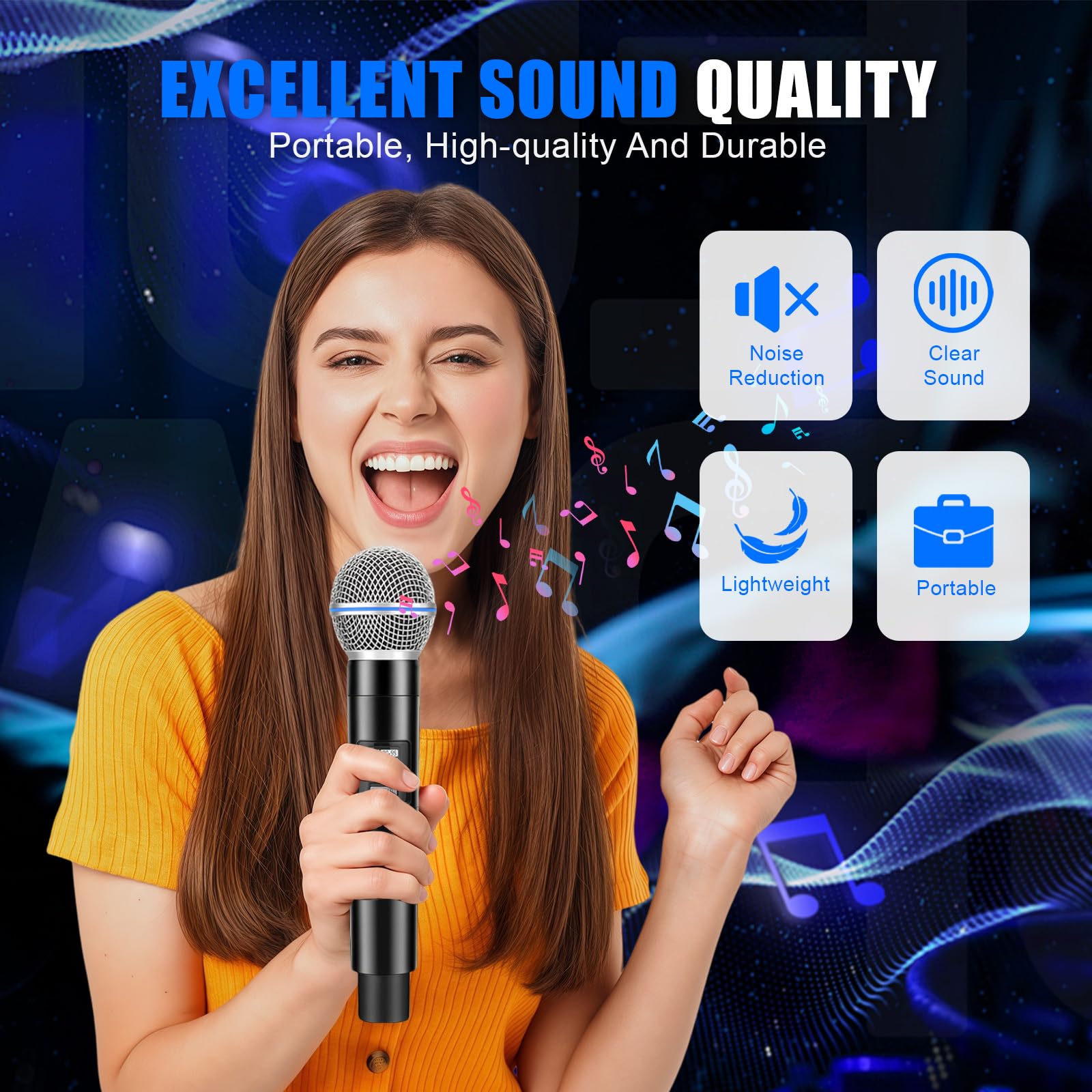 2PCS Microphone sans Fil Professionnel, Microphone Karaoké avec Connexion par Puce Individuelle, Réception à 50 Mètres de Distance, Durée de 12H pour Chant, DJ et Soirées à Domicile (Noir)