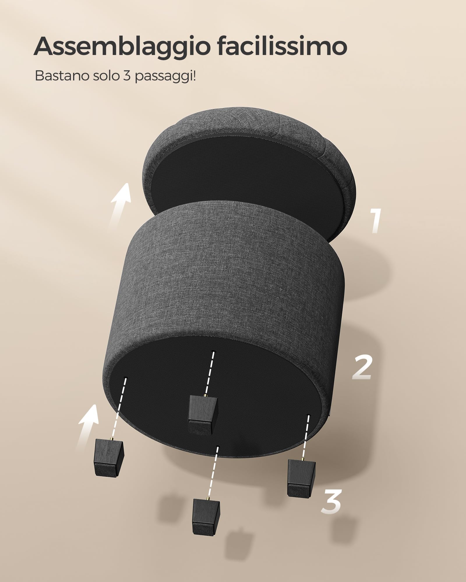 SONGMICS Pouf Contenitore Rotondo, Cassapanca, 45 x 45 x 44,5 cm, Poggiapiedi con Gambe, Tessuto Effetto Lino, Portata Fino a 150 kg, per Soggiorno, Camera da Letto, Grigio Scuro LOM011G01V1
