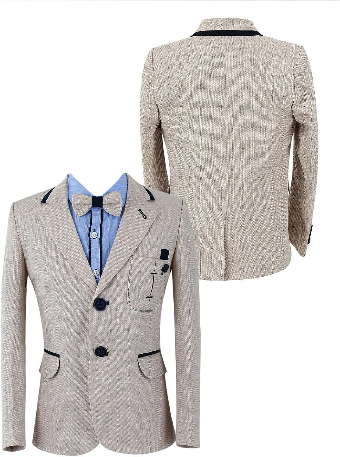 Boys Tailored Fit Suit 5 Piece Textured Tweed-Like Complete Set in Beige for Wedding Party Occasion