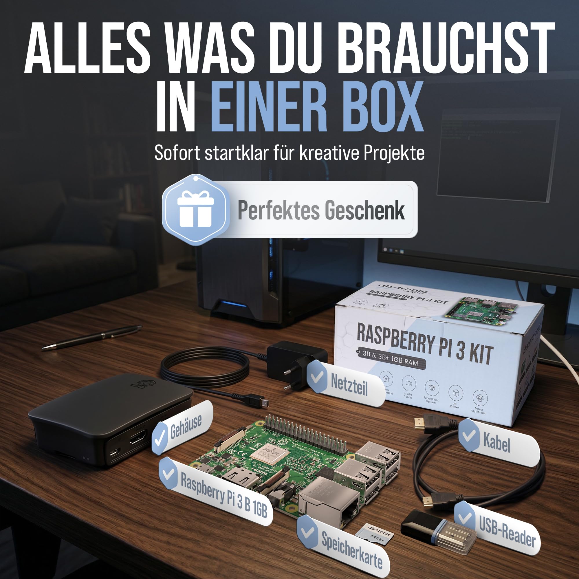 Raspberry Pi 3 B 1GB Starter Set 64GB Edition Netzteil Gehäuse Kühlkörper HDMI Kabel USB-Kartenleser