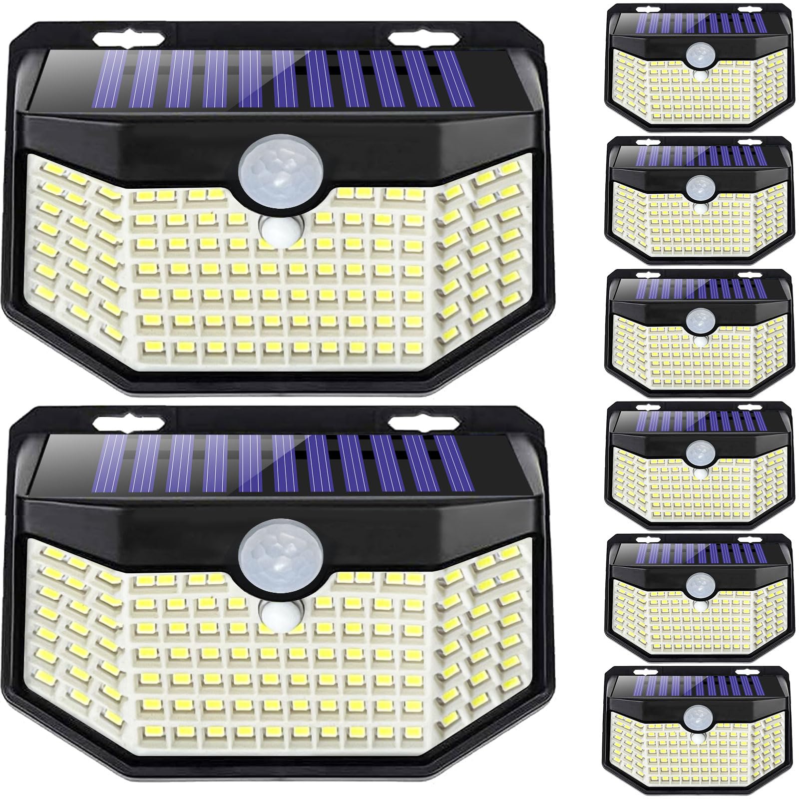 HMCITY 120 LED Outdoor Solar Lights with Motion Sensor and 3 Lighting Modes, IP65 Waterproof Wide Solar Wall Lights Ideal for Garden Patio Yard (Front Button 8Packs, Daylight White, 6500K)