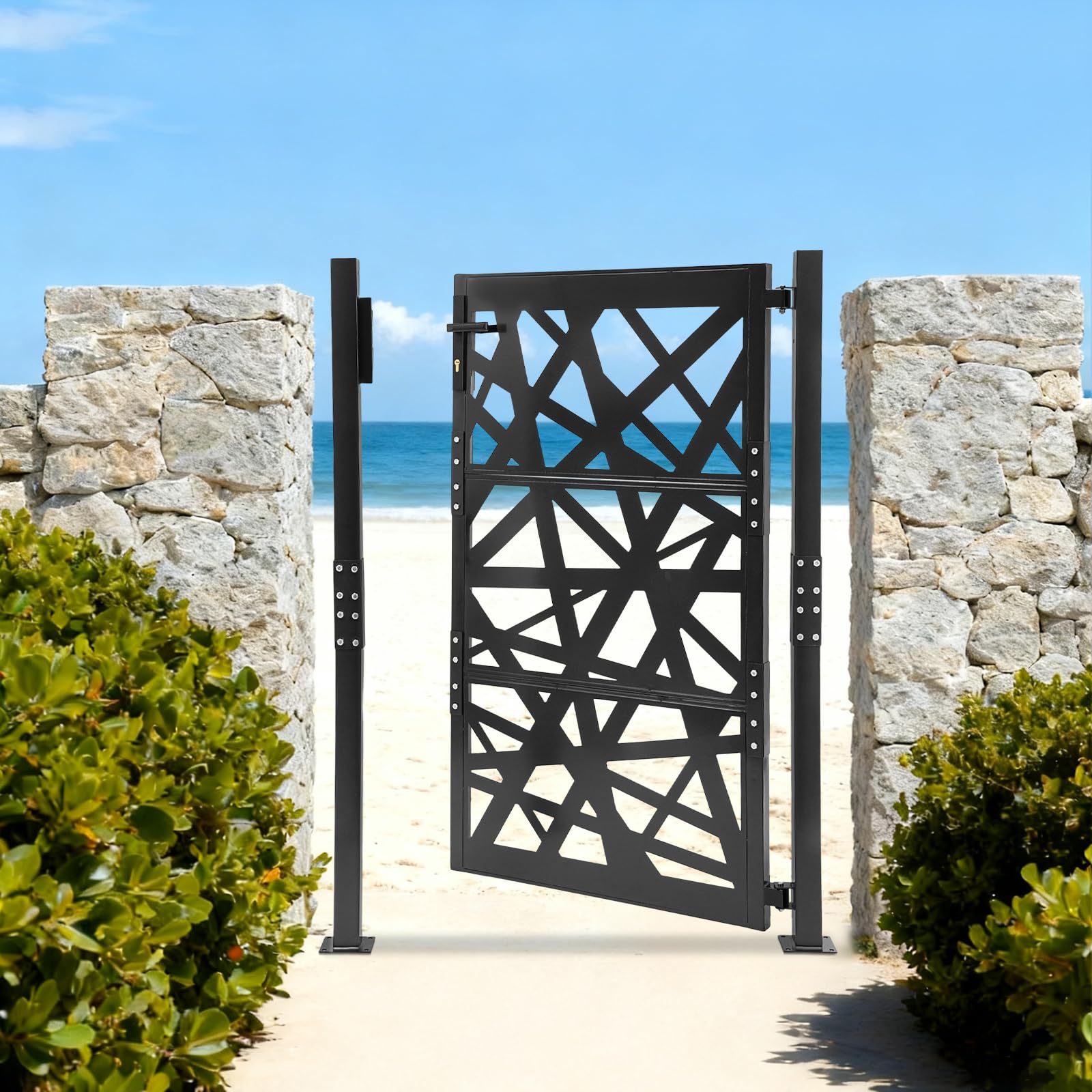 Moderna puerta de jardín de metal, 105 x 150 cm, con cerradura de seguridad, apertura de 180°, para terraza, jardín, almacén en marrón, negro y blanco, para patio y como protección visual