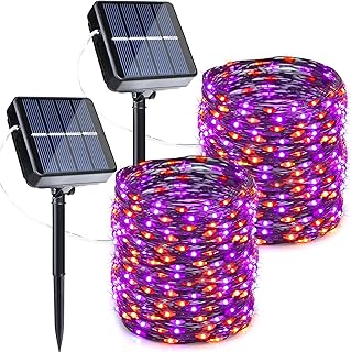 Joomer Solar Halloween Lights, 2 Pack Total 98ft 300LED Orange Purple Halloween Fairy Lights Waterproof 8 Modes Twinkle Lights Outdoor for Halloween Party DIY Decoration Black Wire