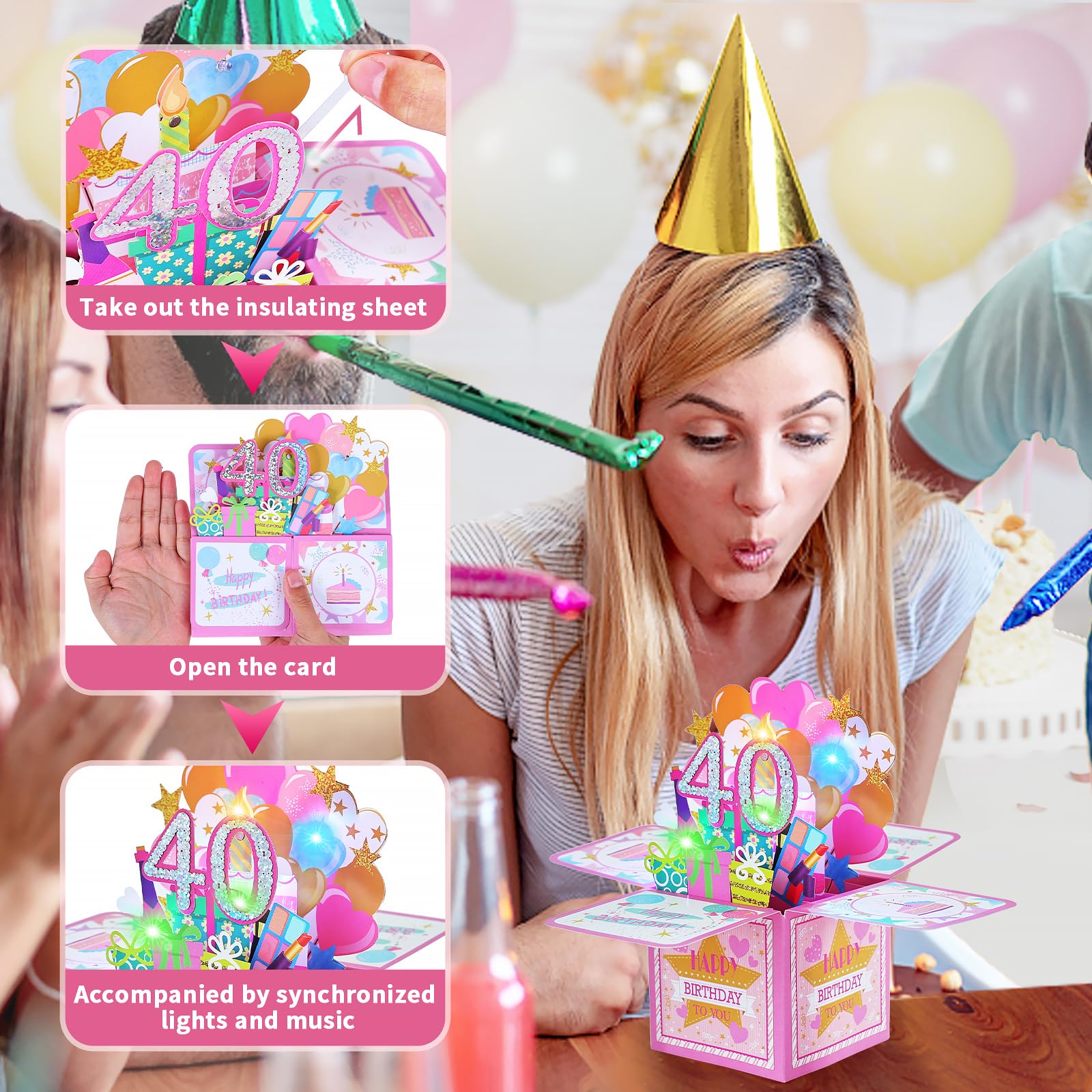 joyoldelf Damska kartka urodzinowa 40 lat - Muzyczna kartka z życzeniami 3D Pop Up, prezent na urodziny dla córki, idealna dla mamy, przyjaciela, matki, siostry, dziewczyny, towarzysza, imprezy