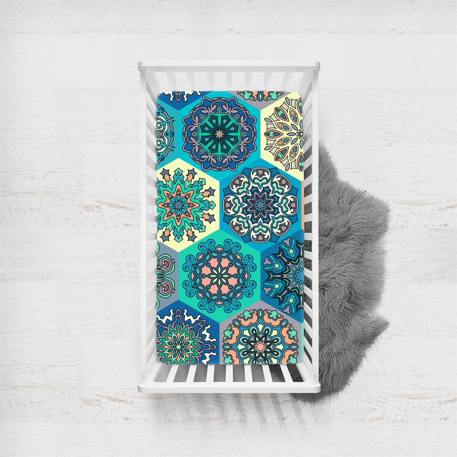 Morbuy Next to Me Crib Sheets, Bohemian Style Cot Bed Sheets, Soft Breathable Microfiber Moses Basket Sheets, Cot Sheets for Boy and Girl, Durable Easy Care Crib Sheets (Aqua,100x135cm)