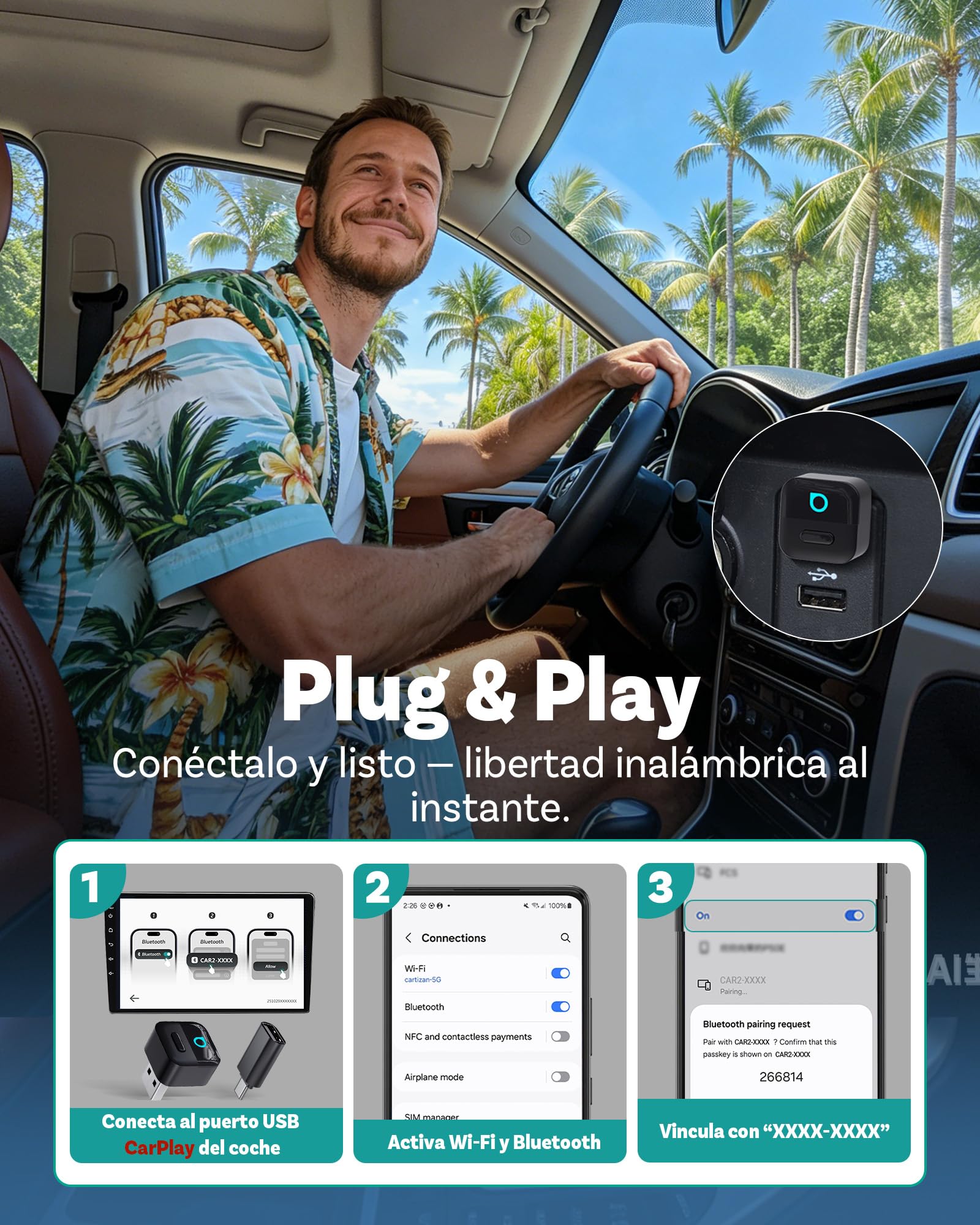 OTTOCAST Mini Pico, 2026 Adattatore Wireless 2-in-1 CarPlay & Android Auto, Cambio Dispositivo con un Tocco, Plug & Play, WiFi 6 & Bluetooth 5.4, Connessione automatica per i Phone & Android