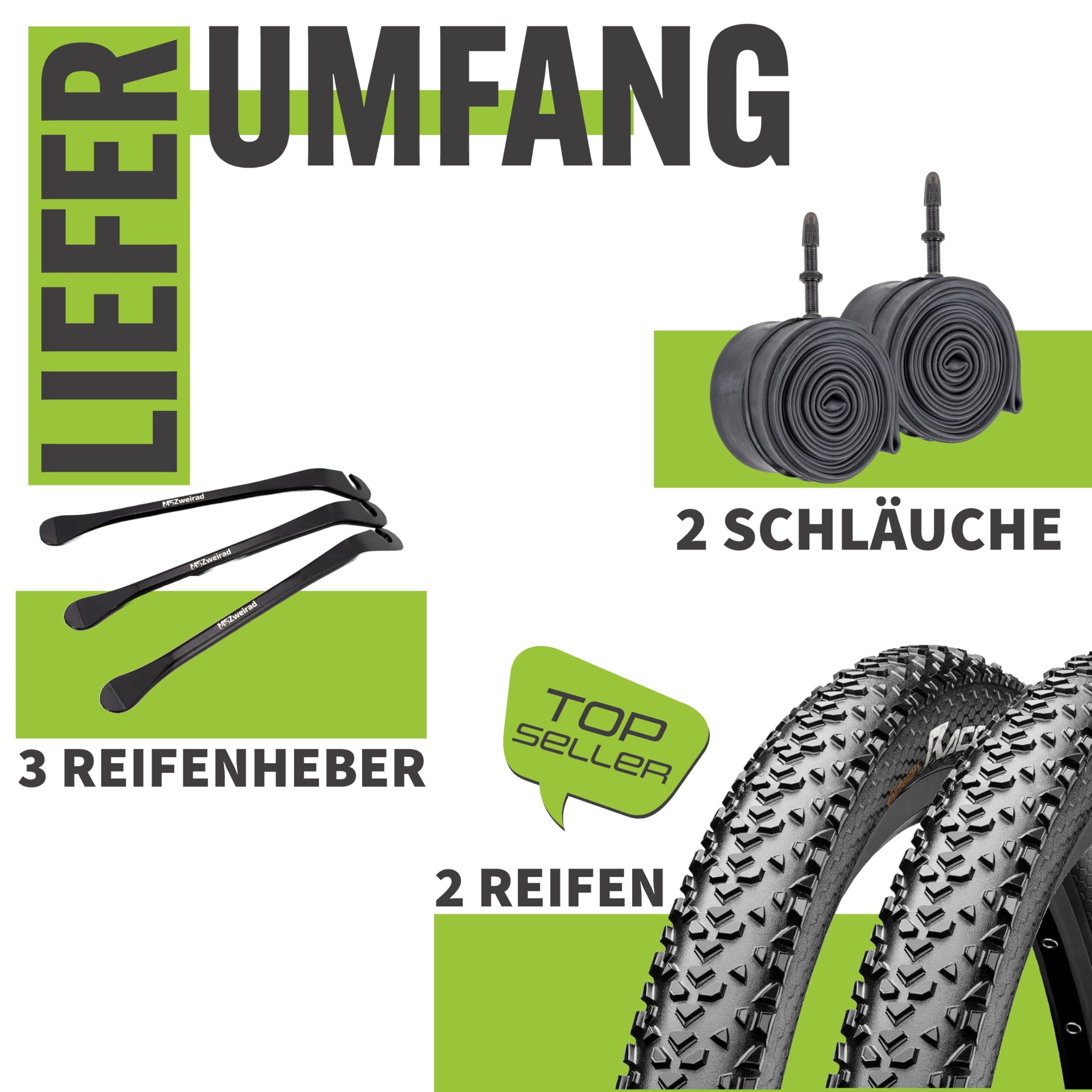 2er Set Continental Fahrradreifen Race King 29 Zoll (50-622) + AV DV SV Schlauch und 3 Metall Reifenheber E Bike