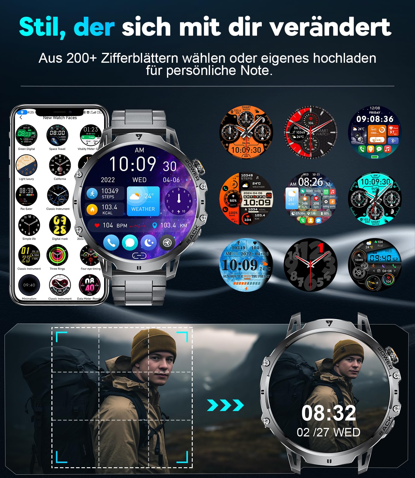LIGE Militär Smartwatch Herren - 1000 mAh/1,85" HD Großes Touchscreen/LED-Licht, Fitnessuhr mit 110+ Sportmodi, Herz-/Schlaftracking,2 Armbändern,IP68 wasserdicht, Sportuhr für iOS/Android, Schwarz
