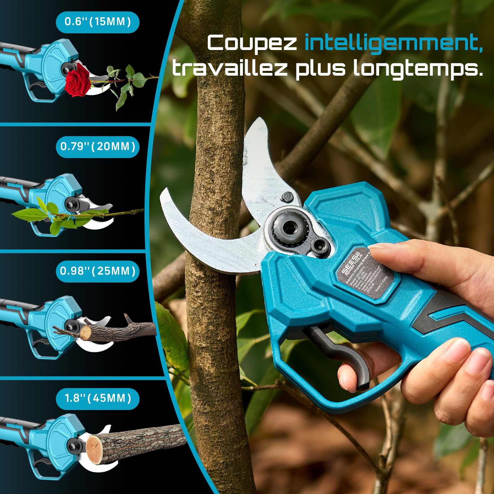 SEESII Sécateur Électrique Avec Perche, Coupe Max 45 mm, 2-en-1 Sécateur Électrique Sans Fil Télescopique, Portée Totale 4,5 m, 2 * 4,0Ah Batteries, Lame SK5, Jardin/Arbres/Fleurs PS041Pro