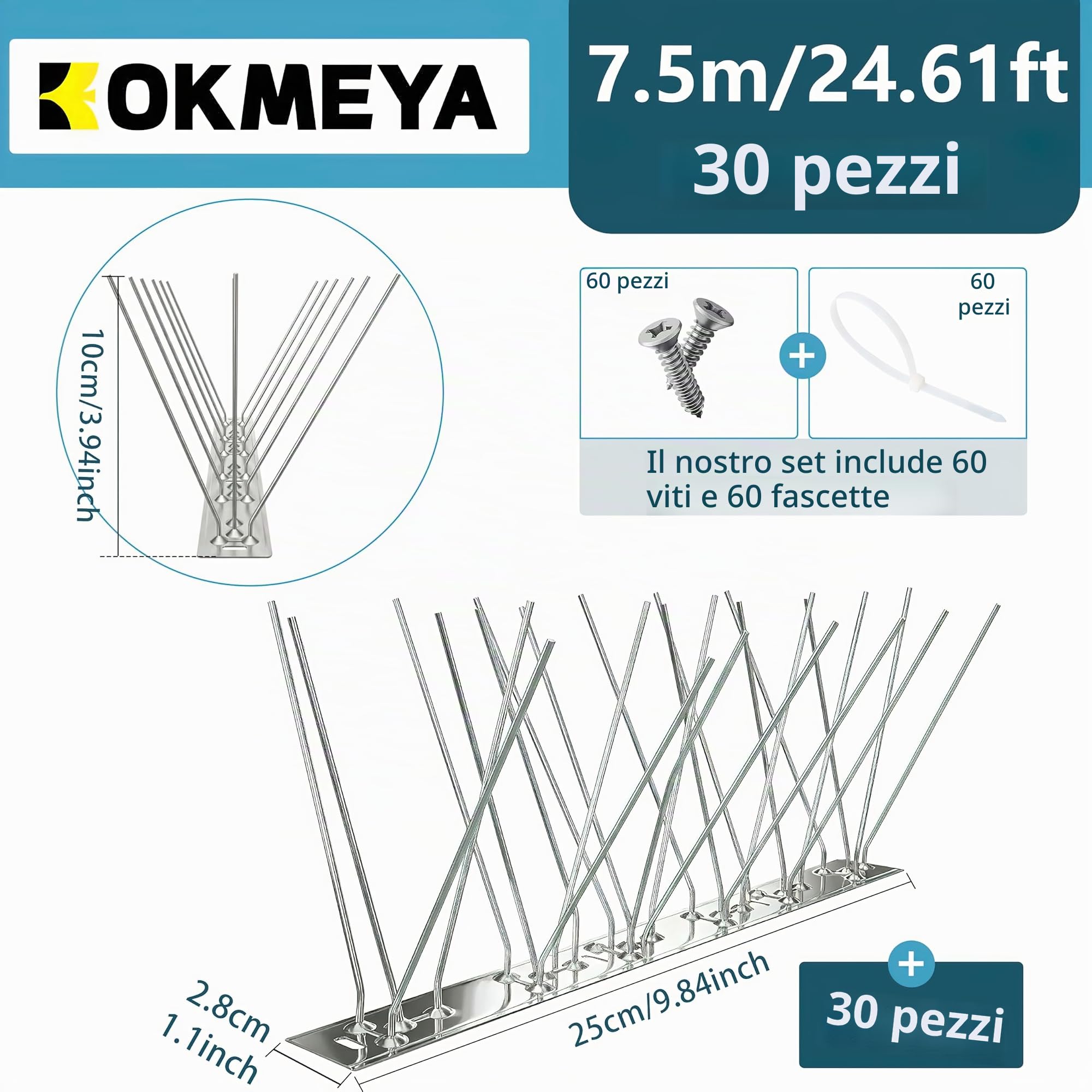 Spigoli per uccelli da 6 m, in acciaio inossidabile 304, deterrenti per uccelli per esterni, per tenere lontani gli uccelli dagli uccelli dispositivi di spavento all'aperto, 30 pezzi