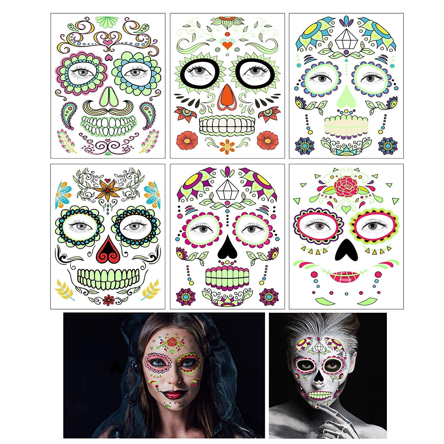 Day Of The Dead Face Tattoo Buy Day of the Dead Face Tattoos, 6 Sheets Sugar Skull Temporary Tattoo Glow in The Dark, for Women Men Halloween Party Makeup Multicolor Online in Indonesia. B08GPRJQWZ