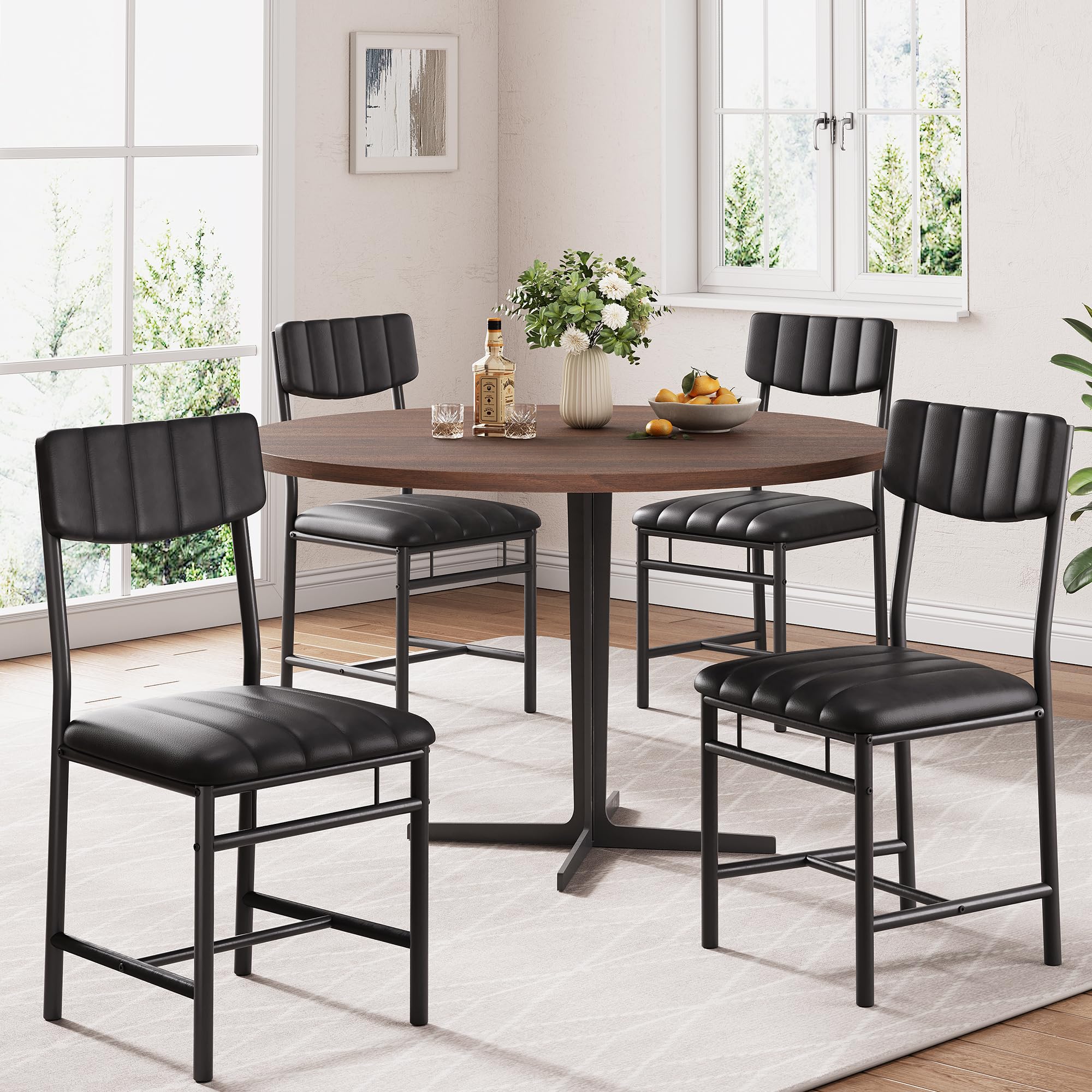 Jocoevol Industrial Dining Chairs Set of 4 - Upholstered Dining Room Chairs with PU Leather, Kitchen Chairs with Leather Backrest and Thickened Metal