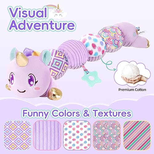 Miniatura 3 de Juguetes de unicornio para bebés de 6 a 12 meses, juguetes musicales para recién nacidos, juguetes sensoriales para bebés con arrugado y sonajero de