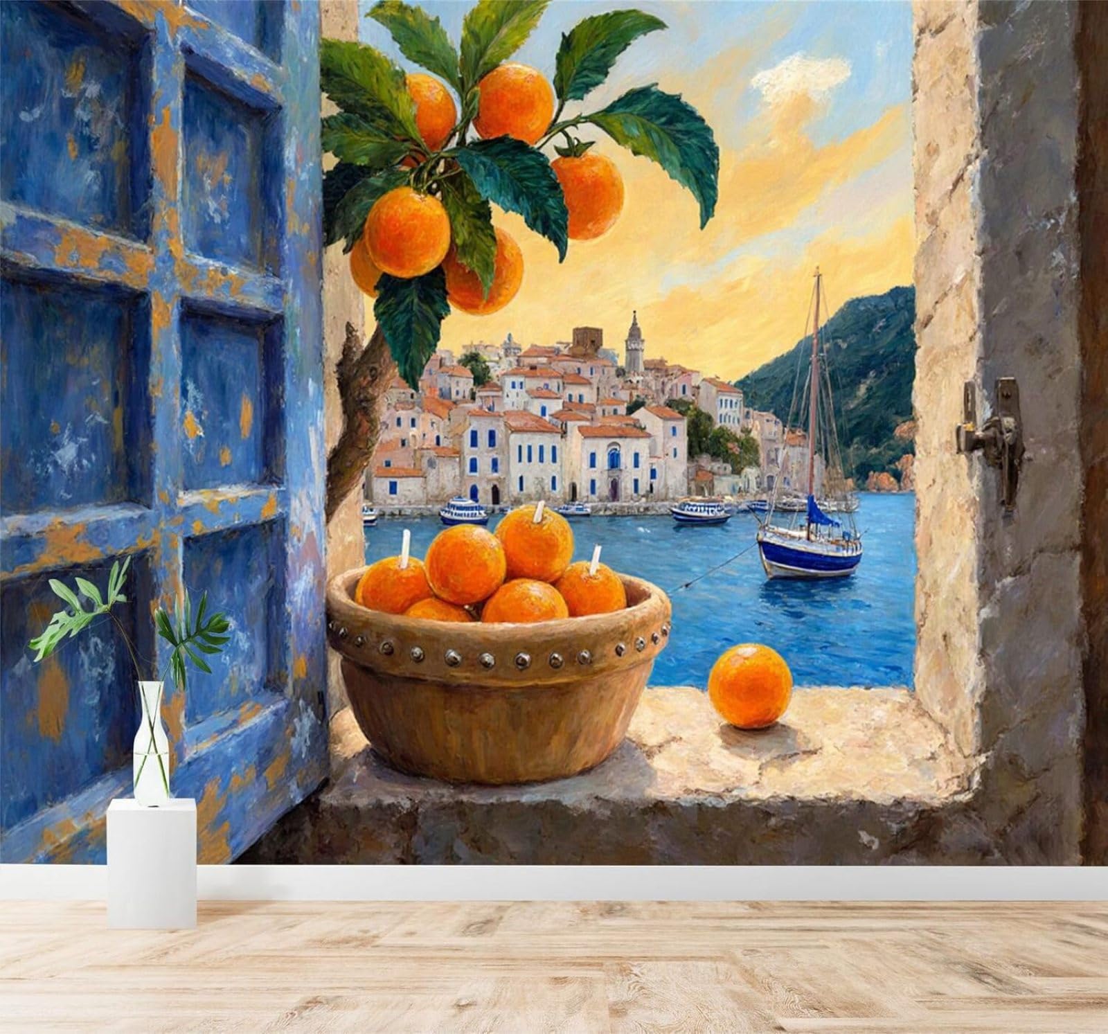 Tzxztt 400Cm×280Cm(B×H) Orange Fruit Blue Windows Coastal Town Sailing Boat Landscape Modern 3D Wallpaper Premium Textured Silk Neutral Tones Material Ideal For Living Room Bedroom-400Cm×280Cm