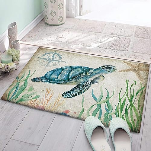 Felpudo antideslizante para interiores, absorbente de felpa suave y peluda, diseño vintage de tortuga marina submarina con patrón vintage lavable y