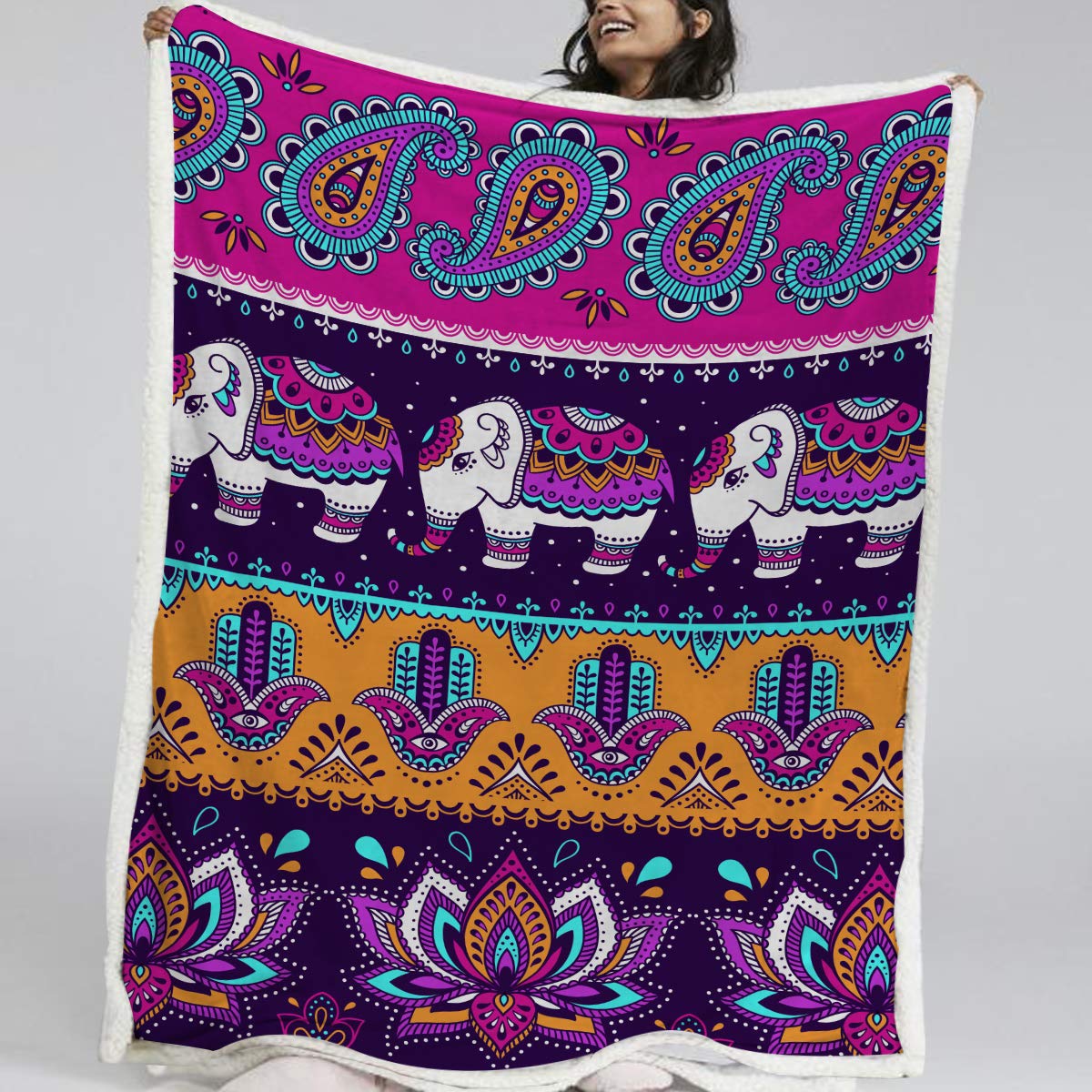 BlessLiving Boho Stripe Sherpa Throw Bohemian Blanket Tribal Paisley Elephant and Hamsa Hand Vintage Purple Southwestern Blanket Twin/Double (150x200cm)